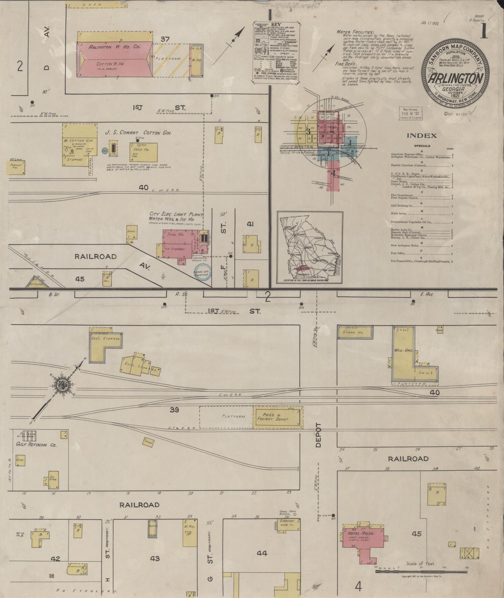 Sanborn Fire Insurance Map from Arlington, Calhoun County And Early County, Georgia (1921), Sheet #0001 - Historic Sanborn Fire Insurance Map Print, vintage old map wall art, antique decor, genealogy gift, Georgia Georgia map