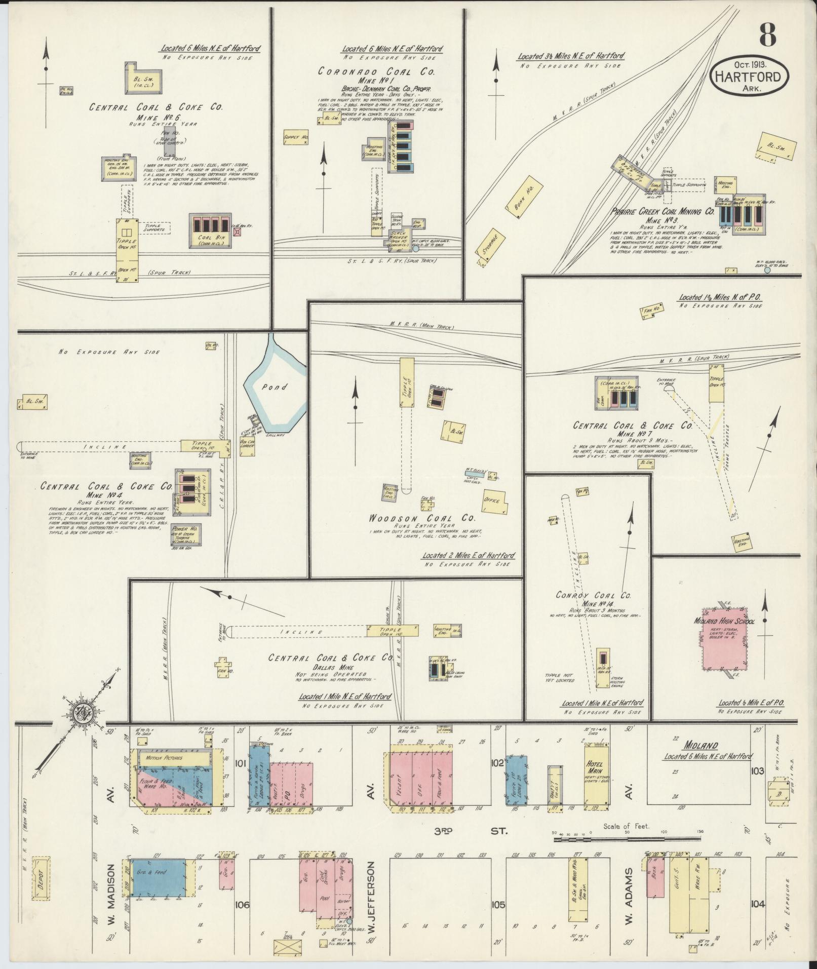 Sanborn Fire Insurance Map from Hartford, Sebastian County, Arkansas (1913), Sheet #0008 - Historic Sanborn Fire Insurance Map Print, vintage old map wall art, antique decor, genealogy gift, Arkansas Arkansas map