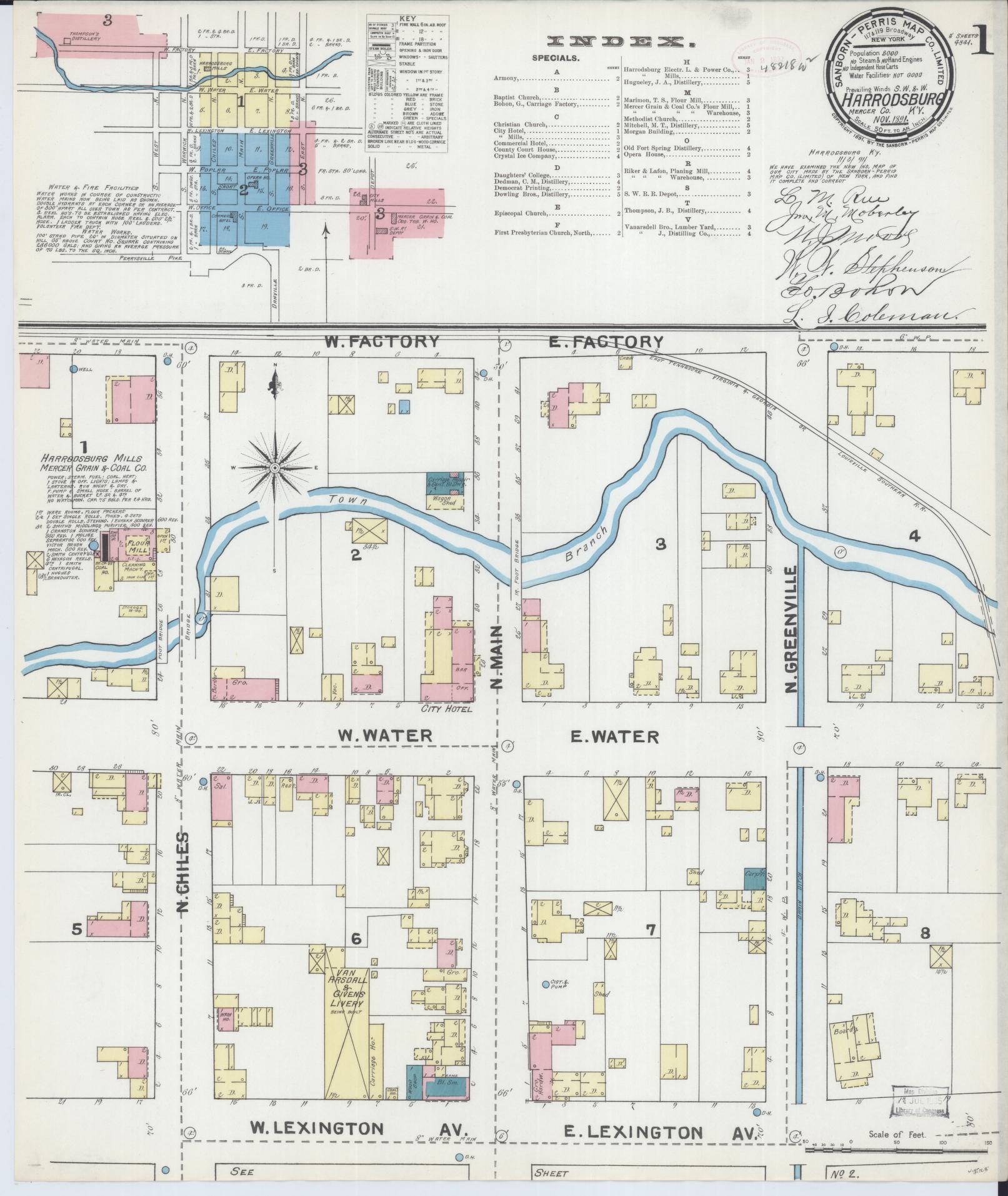 Sanborn Fire Insurance Map from Harrodsburg, Mercer County, Kentucky (1891), Sheet #0001 - Historic Sanborn Fire Insurance Map Print, vintage old map wall art, antique decor, genealogy gift, Kentucky Kentucky map