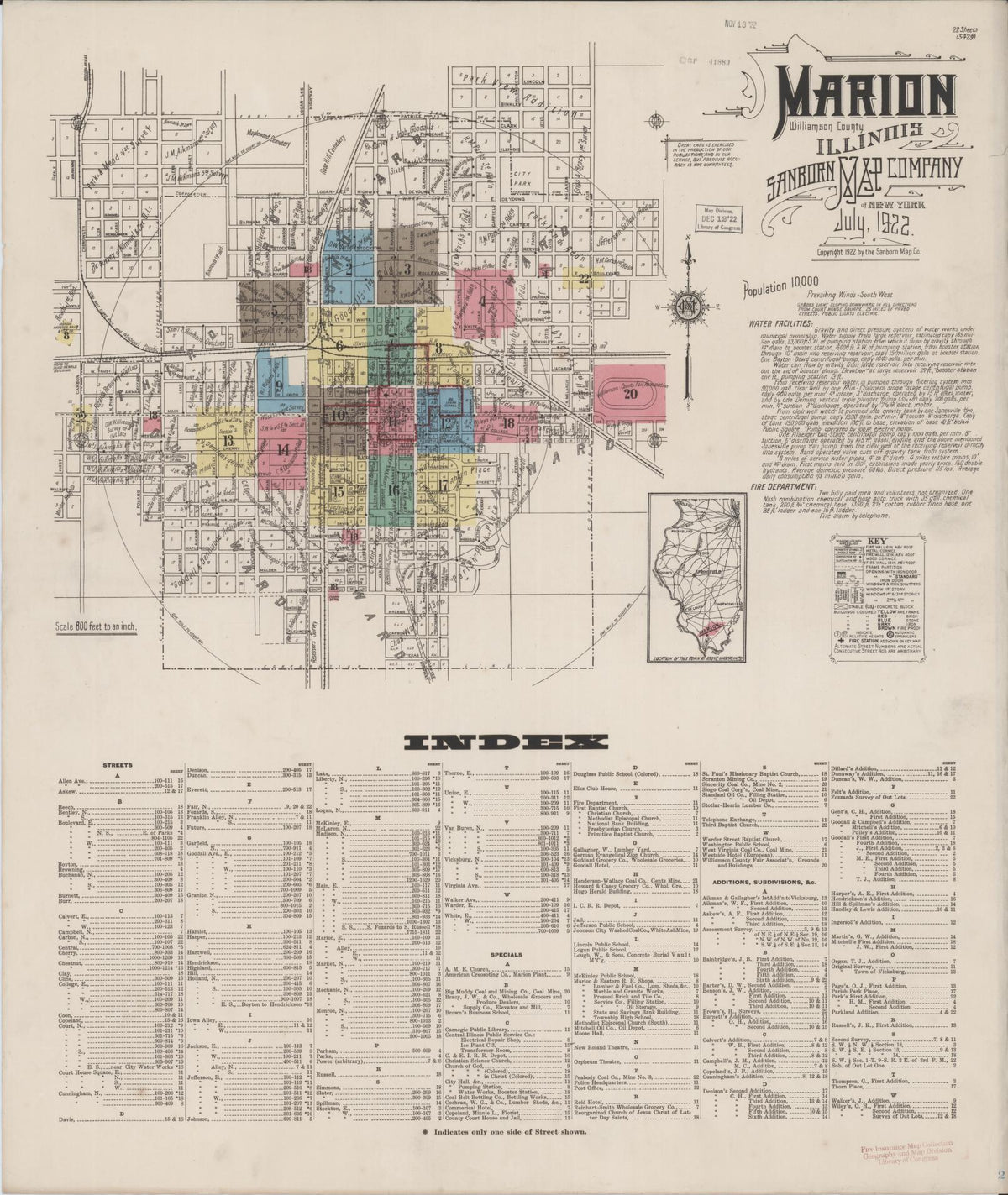 Sanborn Fire Insurance Map from Marion, Williamson County, Illinois (1922), Sheet #0001 - Historic Sanborn Fire Insurance Map Print, vintage old map wall art, antique decor, genealogy gift, Illinois Illinois map