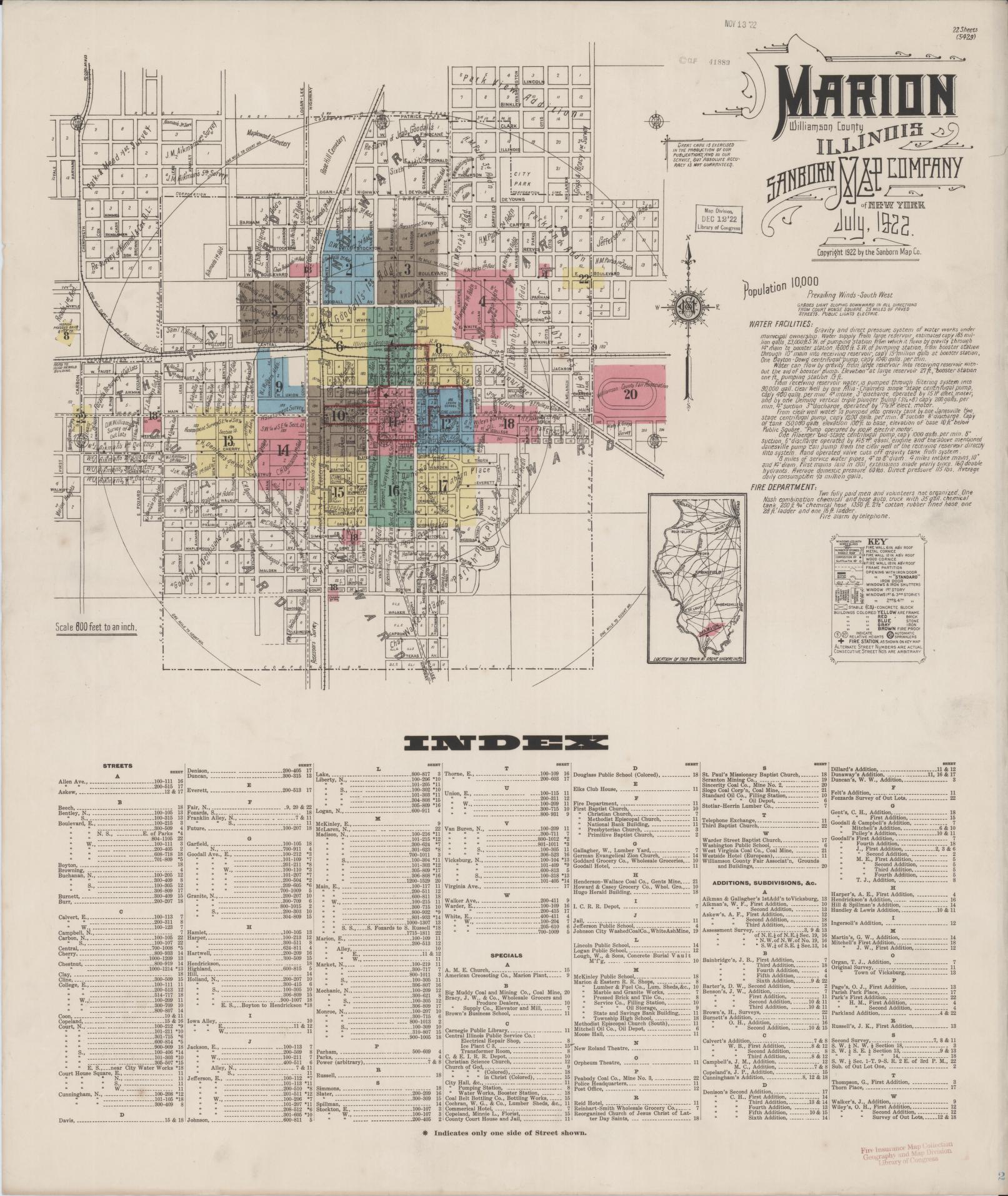 Sanborn Fire Insurance Map from Marion, Williamson County, Illinois (1922), Sheet #0001 - Historic Sanborn Fire Insurance Map Print, vintage old map wall art, antique decor, genealogy gift, Illinois Illinois map