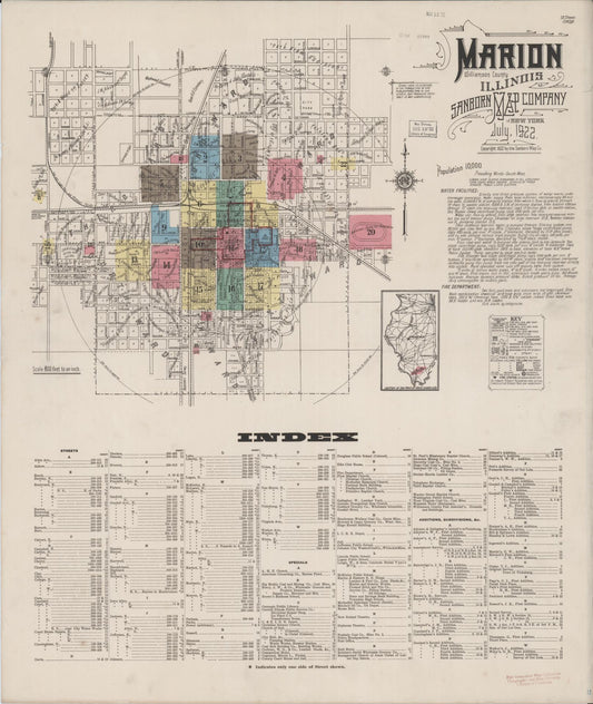 Sanborn Fire Insurance Map from Marion, Williamson County, Illinois (1922), Sheet #0001 - Historic Sanborn Fire Insurance Map Print, vintage old map wall art, antique decor, genealogy gift, Illinois Illinois map