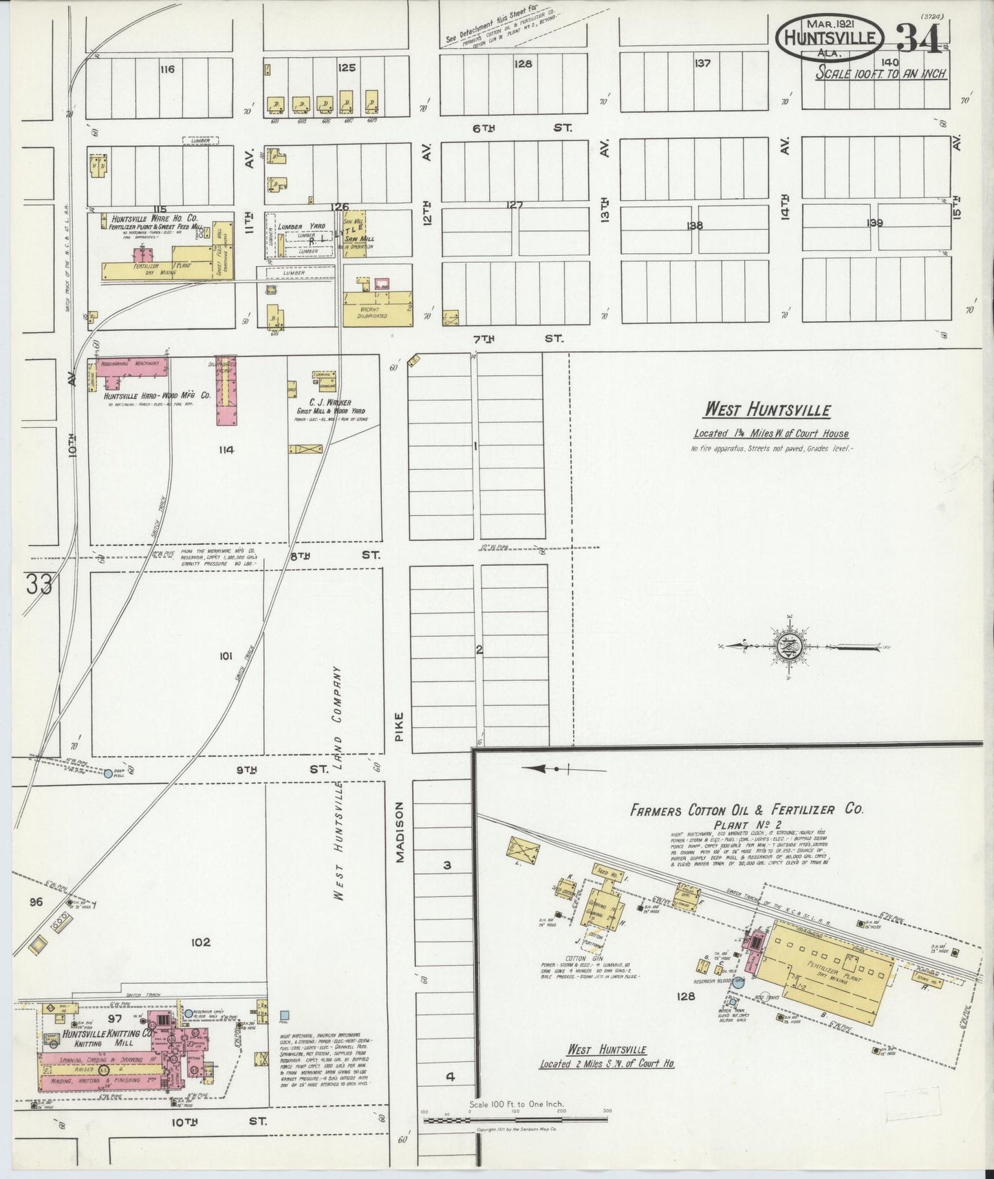 Sanborn Fire Insurance Map from Huntsville, Madison County, Alabama (1921), Sheet #0034 - Complete Map Set gallery image, historic Sanborn map, vintage wall art, Alabama Alabama