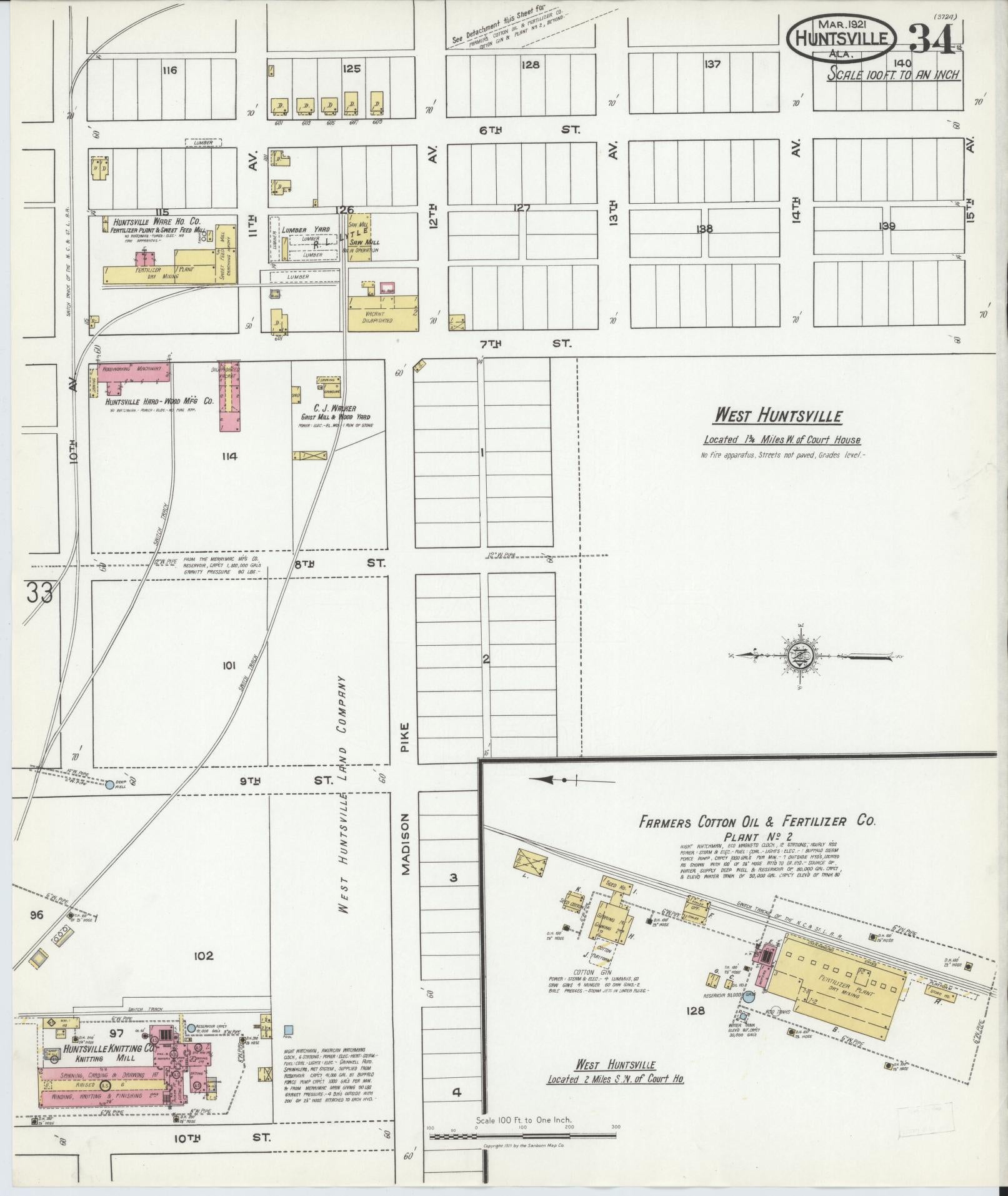 Sanborn Fire Insurance Map from Huntsville, Madison County, Alabama (1921), Sheet #0034 - Complete Map Set gallery image, historic Sanborn map, vintage wall art, Alabama Alabama
