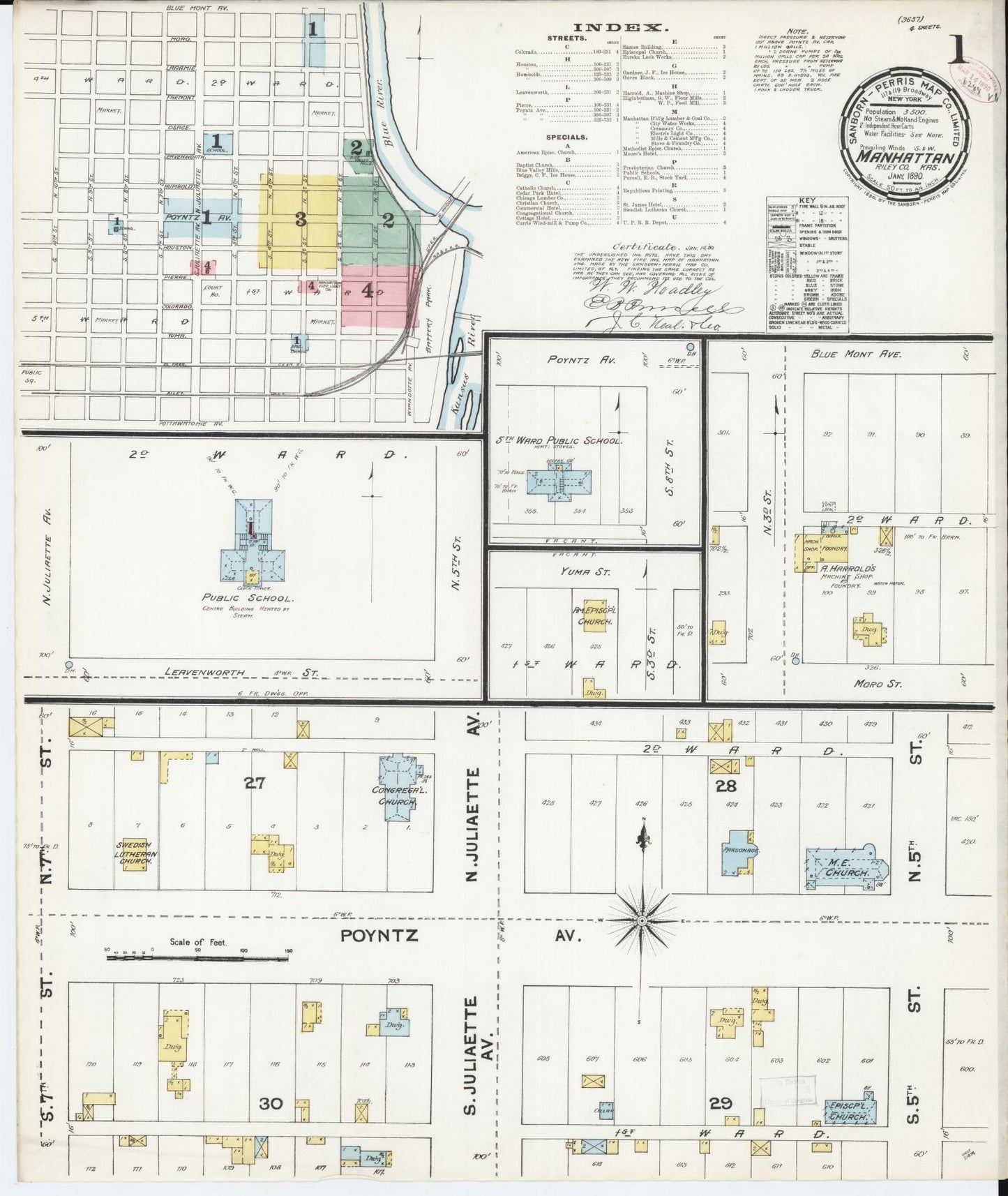 Sanborn Fire Insurance Map from Manhattan, Riley County, Kansas (1890), Sheet #0001 - Complete Map Set gallery image, historic Sanborn map, vintage wall art, Kansas Kansas