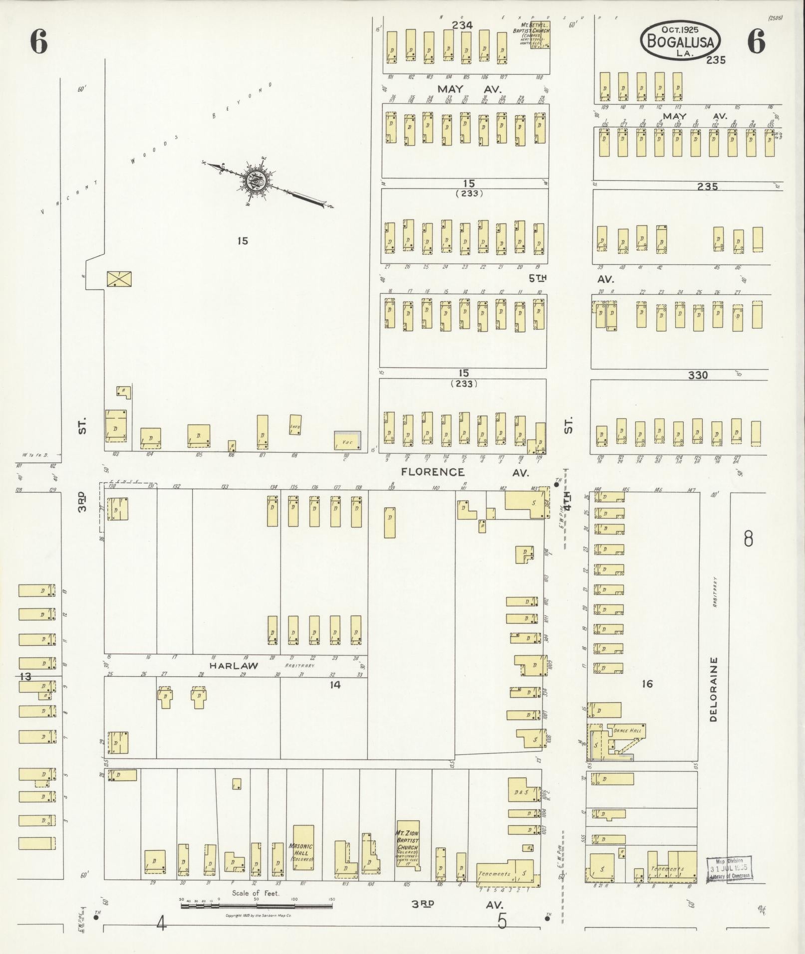 Sanborn Fire Insurance Map from Bogalusa, Washington Parish, Louisiana (1925), Sheet #0006 - Historic Sanborn Fire Insurance Map Print, vintage old map wall art, antique decor, genealogy gift, Louisiana Louisiana map