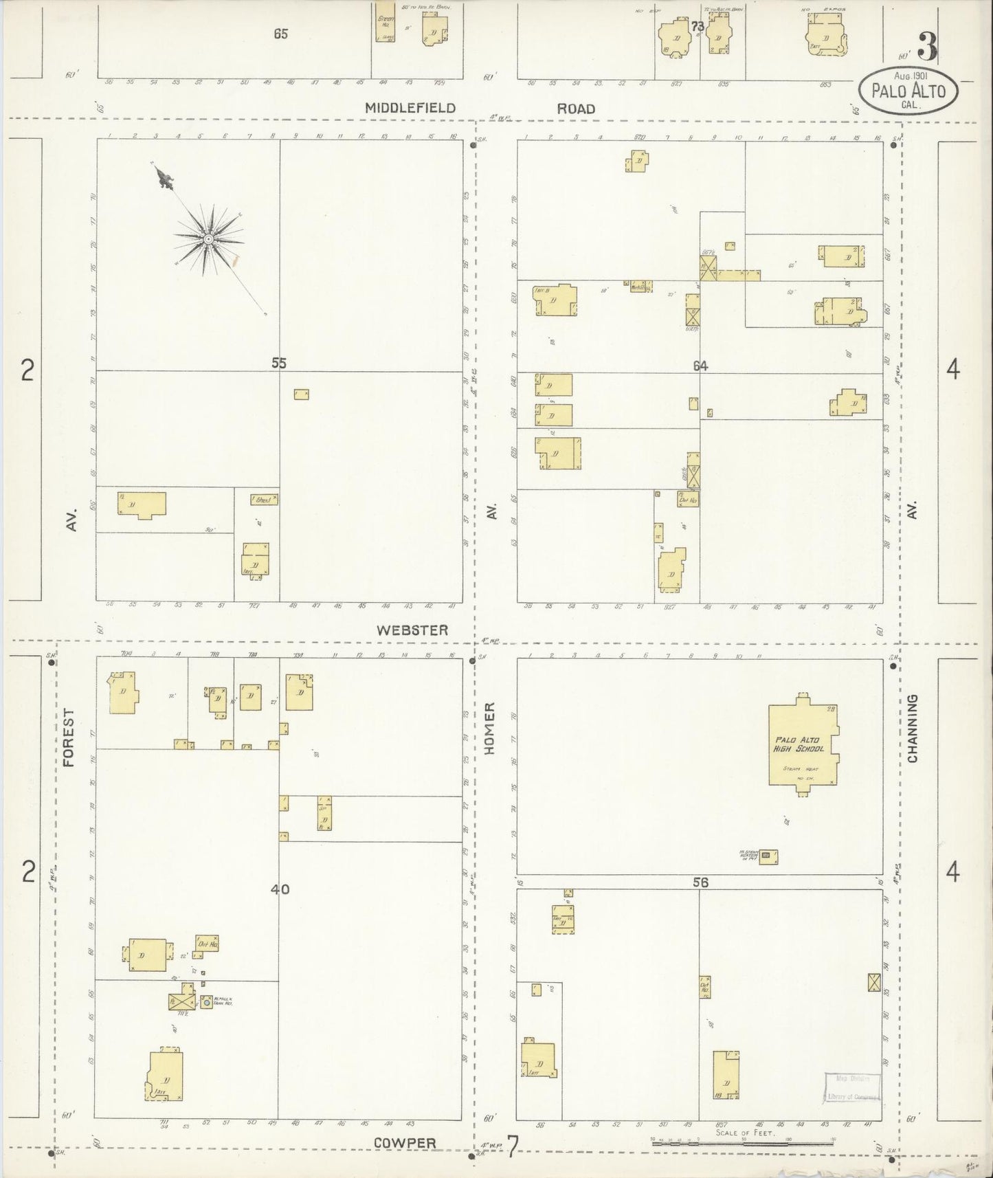 Sanborn Fire Insurance Map from Palo Alto, Santa Clara County, California (1901), Sheet #0003 - Complete Map Set gallery image, historic Sanborn map, vintage wall art, California California