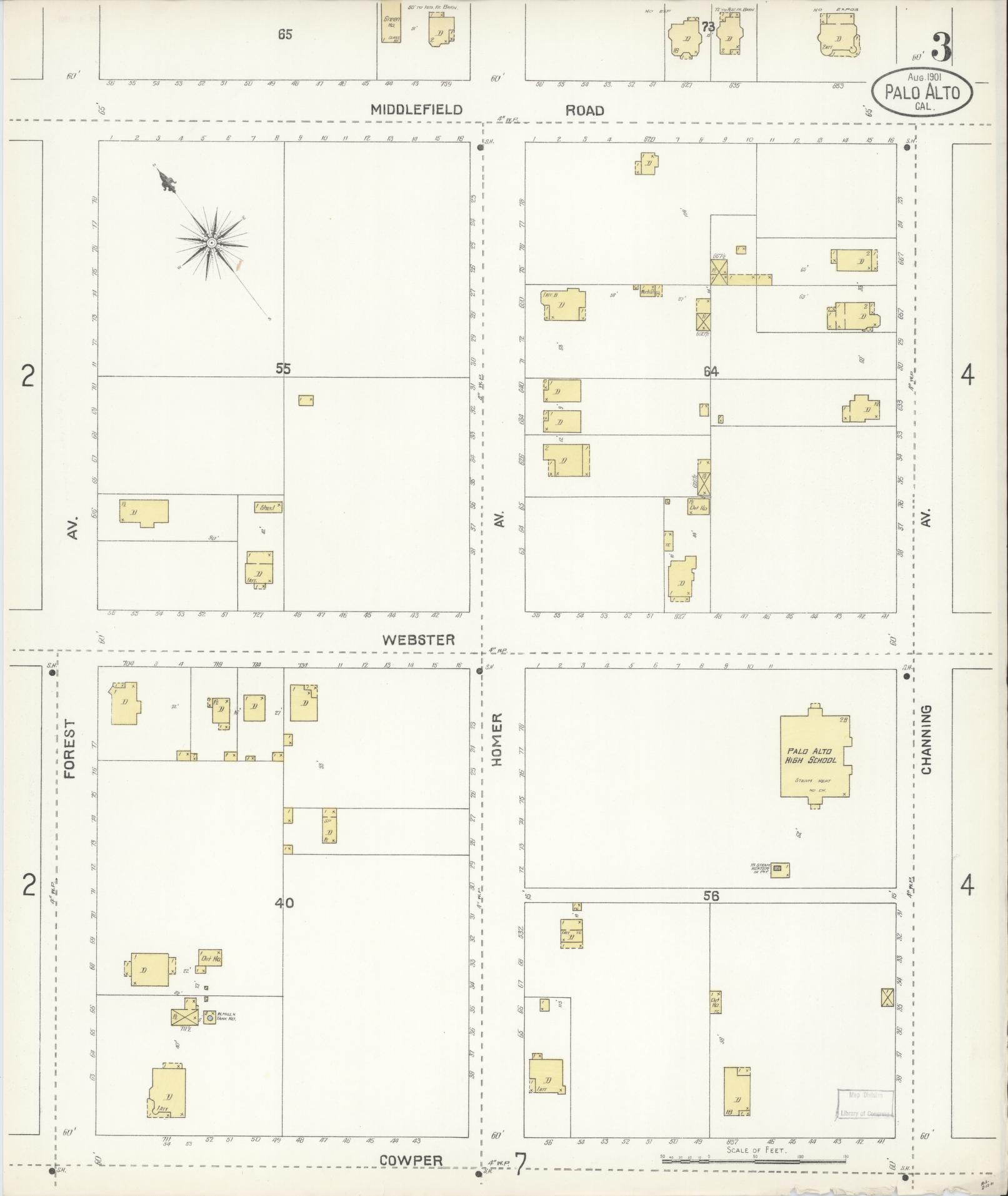 Sanborn Fire Insurance Map from Palo Alto, Santa Clara County, California (1901), Sheet #0003 - Complete Map Set gallery image, historic Sanborn map, vintage wall art, California California