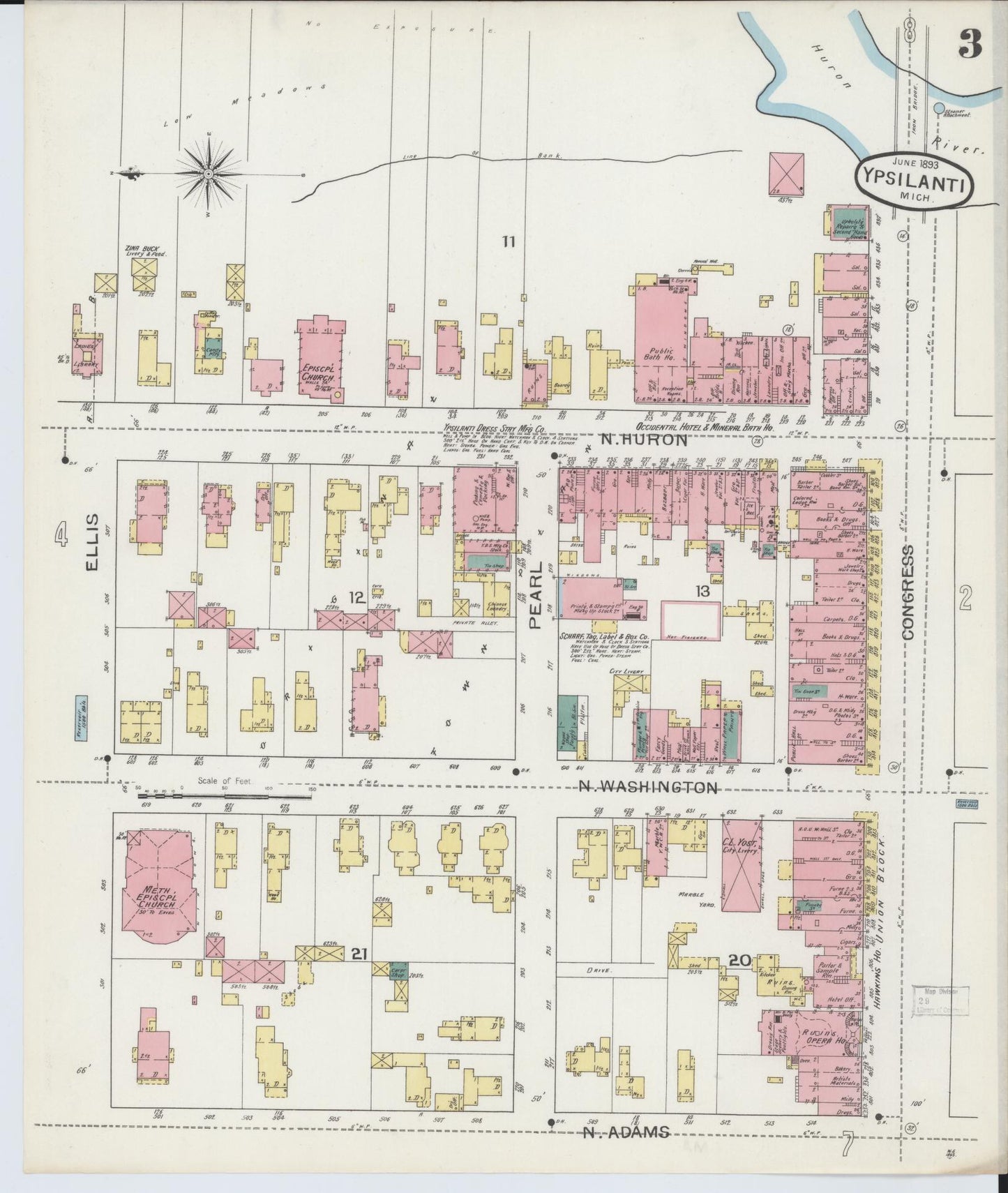 Sanborn Fire Insurance Map from Ypsilanti, Washtenaw County, Michigan (1893), Sheet #0003 - Complete Map Set gallery image, historic Sanborn map, vintage wall art, Michigan Michigan