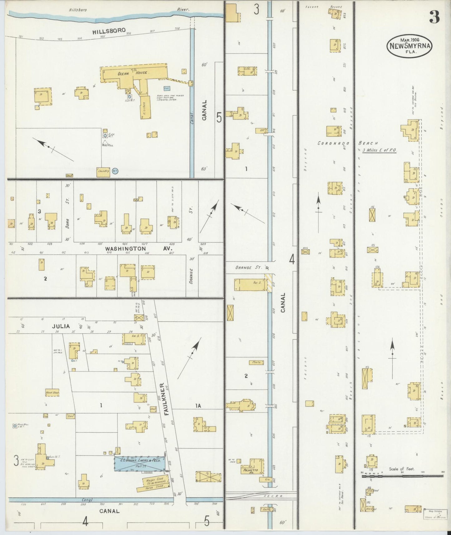 Sanborn Fire Insurance Map from New Smyrna, Valusia County, Florida (1906), Sheet #0003 - Complete Map Set gallery image, historic Sanborn map, vintage wall art, Florida Florida