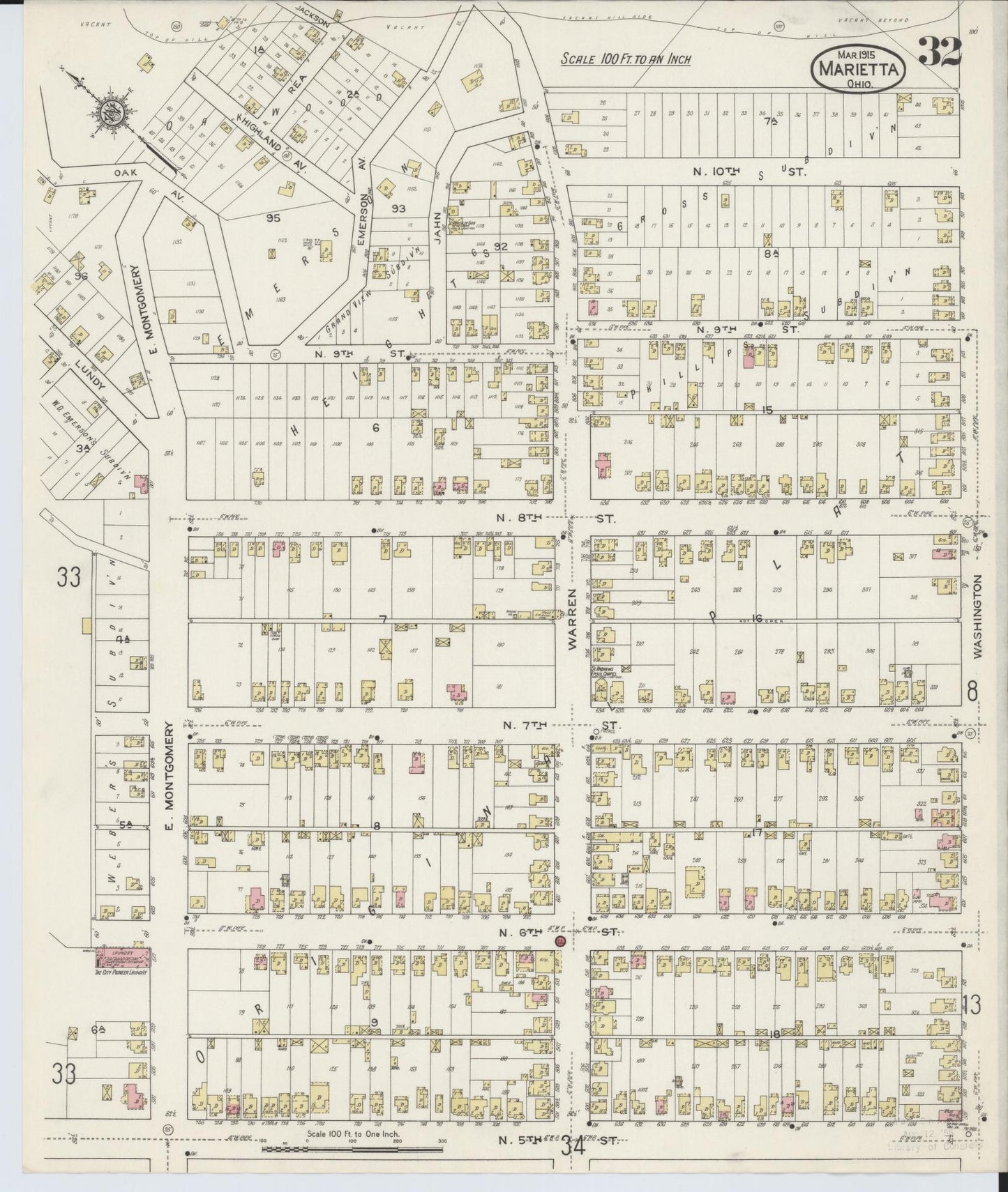 Sanborn Fire Insurance Map from Marietta, Washington County, Ohio (1915), Sheet #0032 - Historic Sanborn Fire Insurance Map Print, vintage old map wall art, antique decor, genealogy gift, Ohio Ohio map