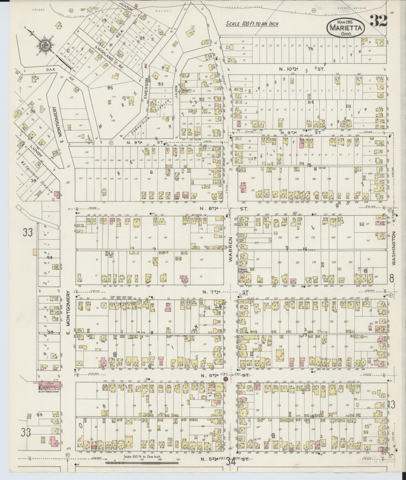 Sanborn Fire Insurance Map from Marietta, Washington County, Ohio (1915), Sheet #0032 - Historic Sanborn Fire Insurance Map Print, vintage old map wall art, antique decor, genealogy gift, Ohio Ohio map