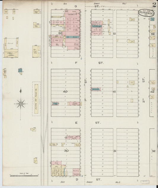 Sanborn Fire Insurance Map from Durango, La Plata County, Colorado (1886), Sheet #0002 - Historic Sanborn Fire Insurance Map Print, vintage old map wall art, antique decor, genealogy gift, Colorado Colorado map