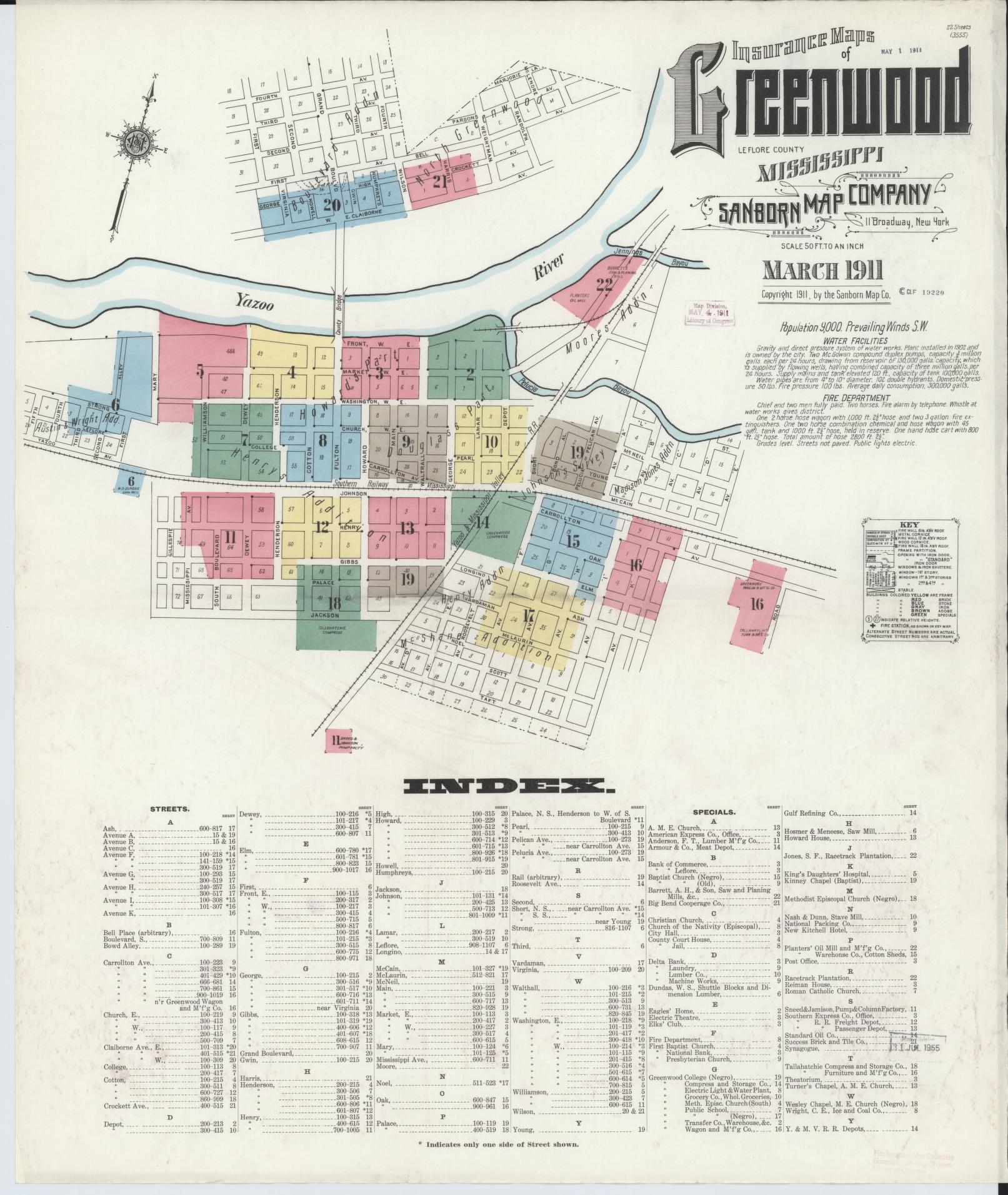 Sanborn Fire Insurance Map from Greenwood, Leflore County, Mississippi (1911), Sheet #0001 - Historic Sanborn Fire Insurance Map Print, vintage old map wall art, antique decor, genealogy gift, Mississippi Mississippi map
