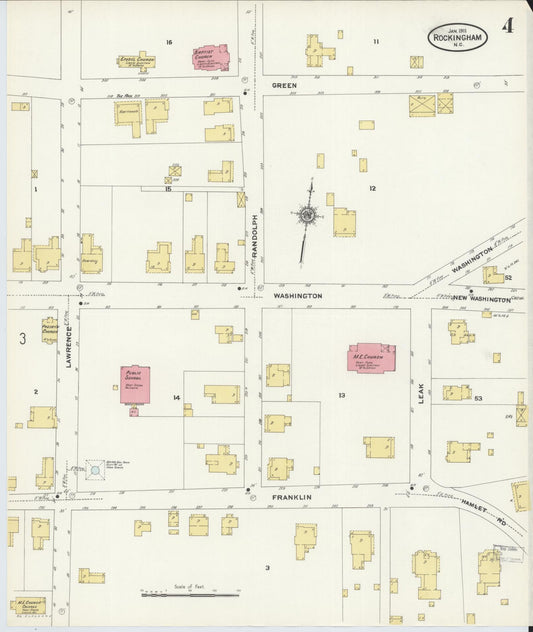 Sanborn Fire Insurance Map from Rockingham, Richmond County, North Carolina (1911), Sheet #0004 - Historic Sanborn Fire Insurance Map Print, vintage old map wall art, antique decor, genealogy gift, North Carolina North Carolina map