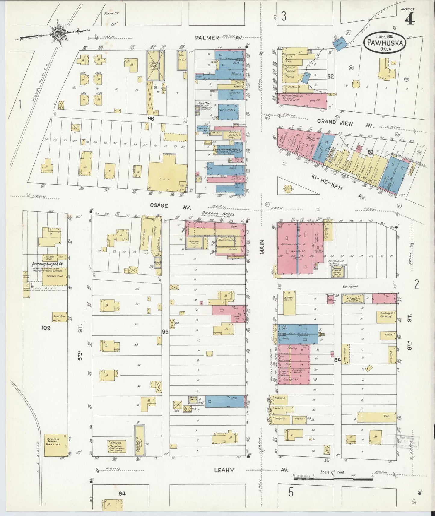 Sanborn Fire Insurance Map from Pawhuska, Osage County, Oklahoma (1912), Sheet #0004 - Complete Map Set gallery image, historic Sanborn map, vintage wall art, Oklahoma Oklahoma