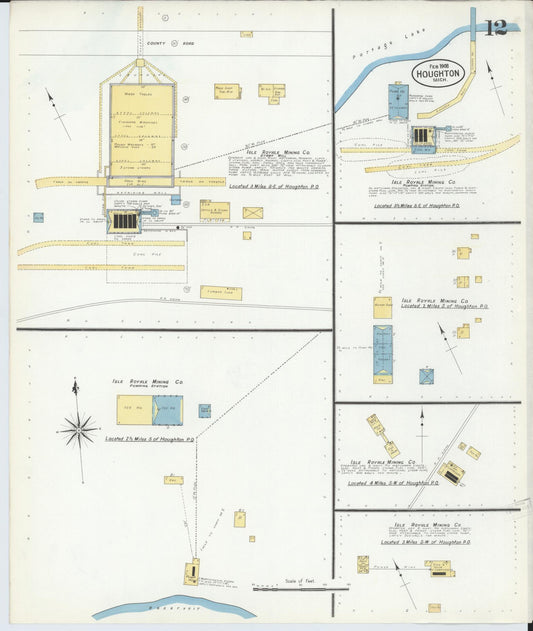 Sanborn Fire Insurance Map from Houghton, Houghton County, Michigan (1908), Sheet #0012 - Historic Sanborn Fire Insurance Map Print, vintage old map wall art, antique decor, genealogy gift, Michigan Michigan map