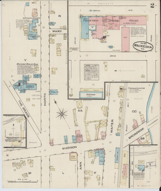 Sanborn Fire Insurance Map from Waukesha, Waukesha County, Wisconsin (1884), Sheet #0002 - Historic Sanborn Fire Insurance Map Print, vintage old map wall art, antique decor, genealogy gift, Wisconsin Wisconsin map