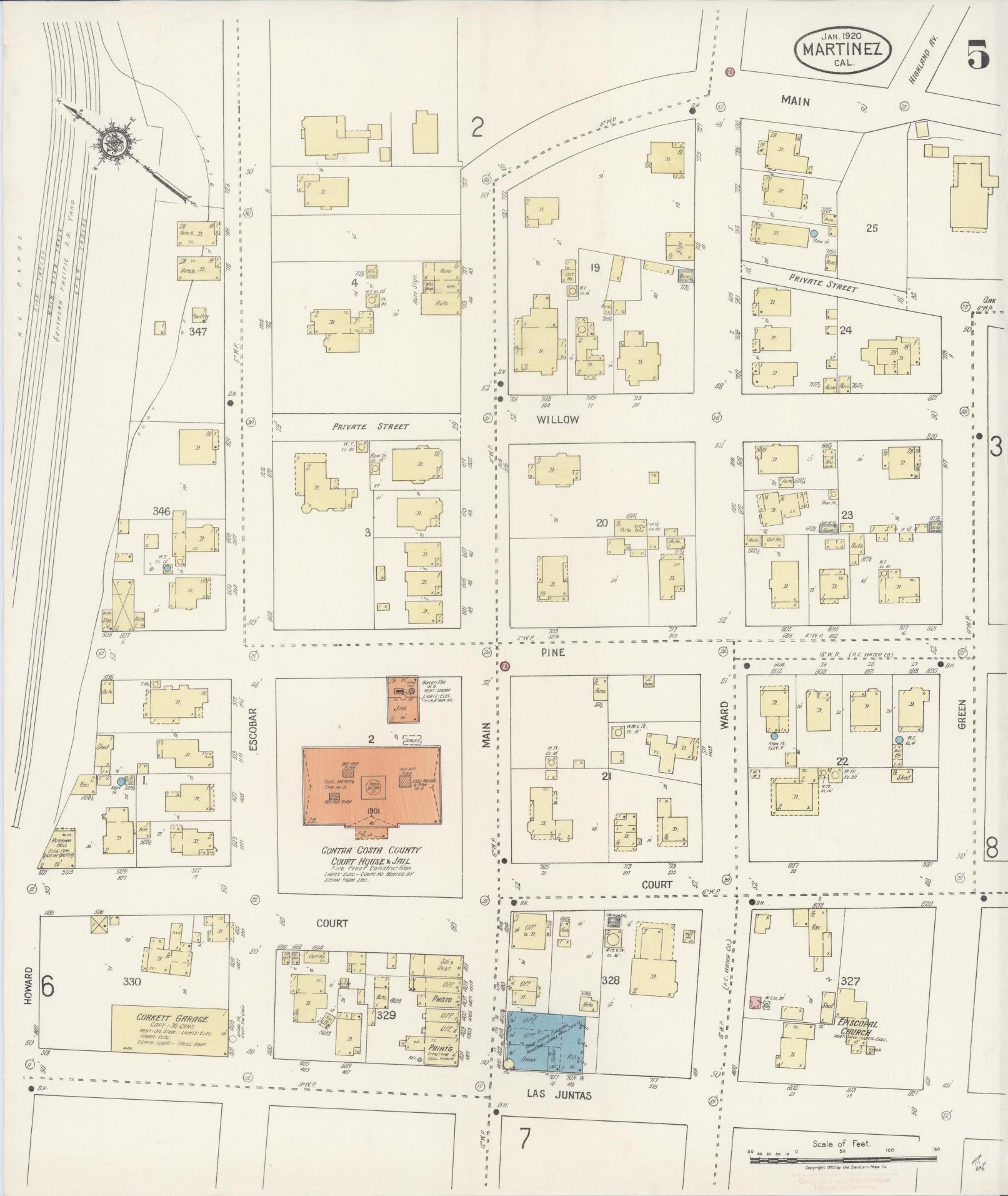 Sanborn Fire Insurance Map from Martinez, Contra Costa County, California (1920), Sheet #0005 - Historic Sanborn Fire Insurance Map Print, vintage old map wall art, antique decor, genealogy gift, California California map
