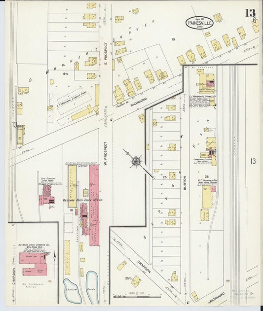 Sanborn Fire Insurance Map from Painesville, Lake County, Ohio (1911), Sheet #0013 - Historic Sanborn Fire Insurance Map Print, vintage old map wall art, antique decor, genealogy gift, Ohio Ohio map
