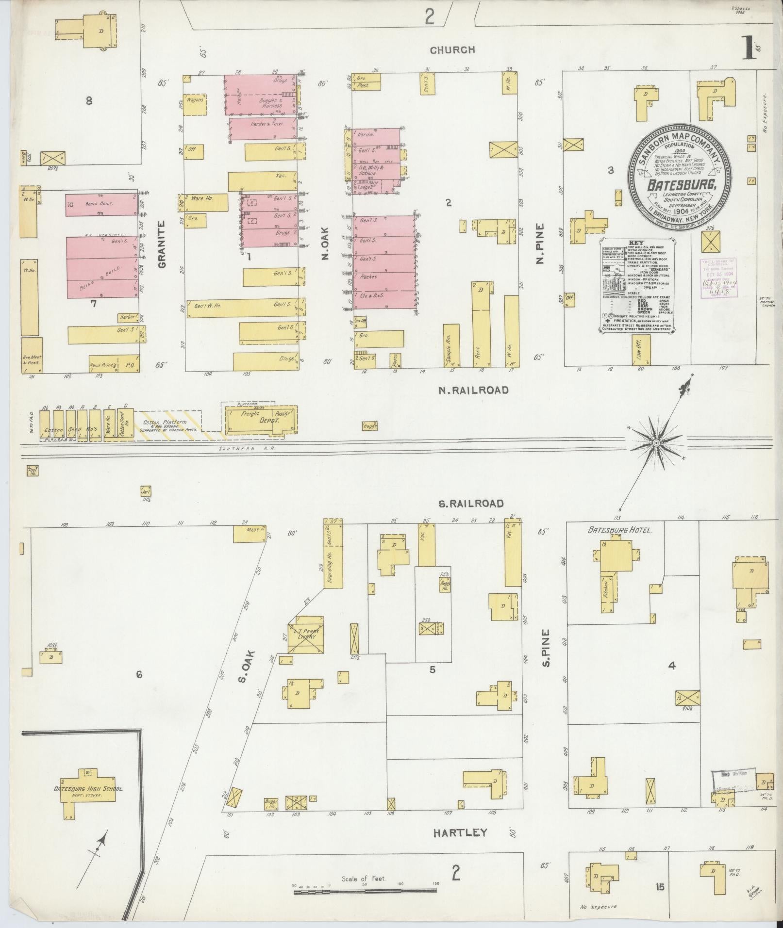 Sanborn Fire Insurance Map from Batesburg, Lexington And Saluda Counties, South Carolina (1904), Sheet #0001 - Complete Map Set gallery image, historic Sanborn map, vintage wall art, South Carolina South Carolina
