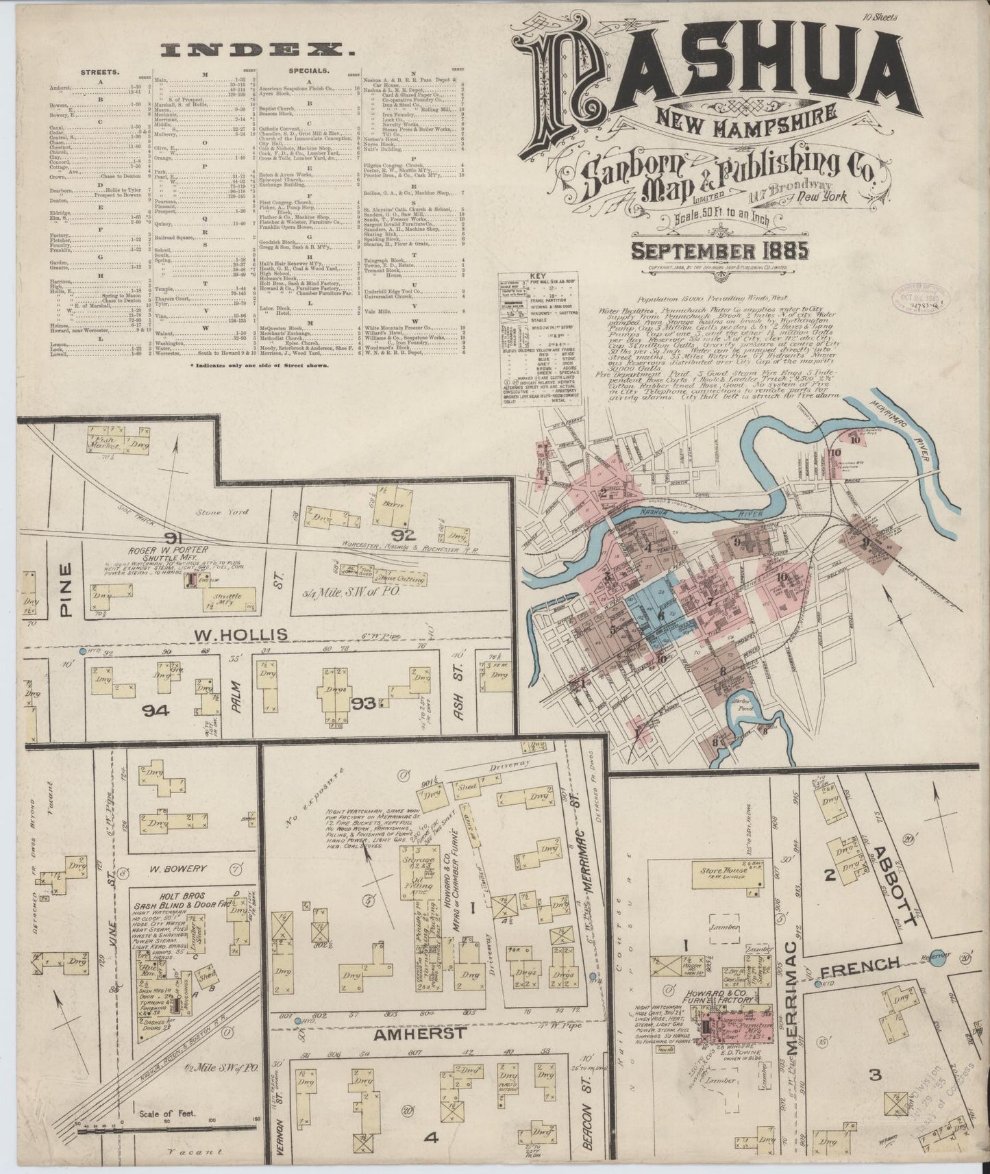 Sanborn Fire Insurance Map from Nashua, Hillsborough County, New Hampshire (1885), Sheet #0001 - Complete Map Set gallery image, historic Sanborn map, vintage wall art, New Hampshire New Hampshire
