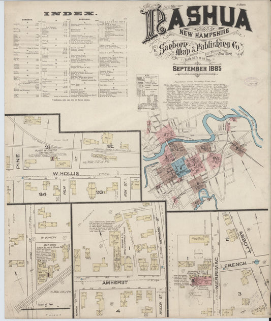 Sanborn Fire Insurance Map from Nashua, Hillsborough County, New Hampshire (1885), Sheet #0001 - Complete Map Set gallery image, historic Sanborn map, vintage wall art, New Hampshire New Hampshire