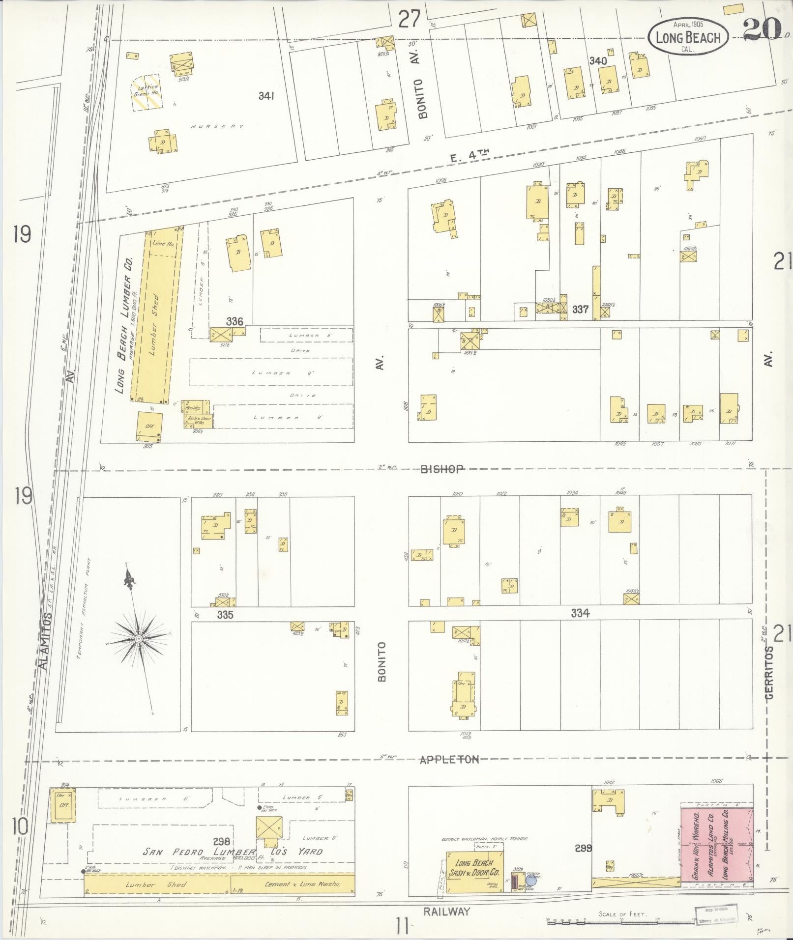 Sanborn Fire Insurance Map from Long Beach, Los Angeles County, California (1905), Sheet #0020 - Historic Sanborn Fire Insurance Map Print, vintage old map wall art, antique decor, genealogy gift, California California map