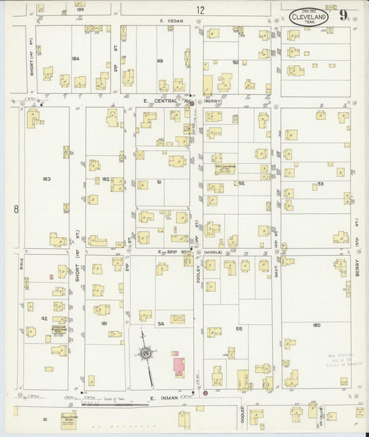 Sanborn Fire Insurance Map from Cleveland, Bradley County, Tennessee (1912), Sheet #0009 - Historic Sanborn Fire Insurance Map Print, vintage old map wall art, antique decor, genealogy gift, Tennessee Tennessee map
