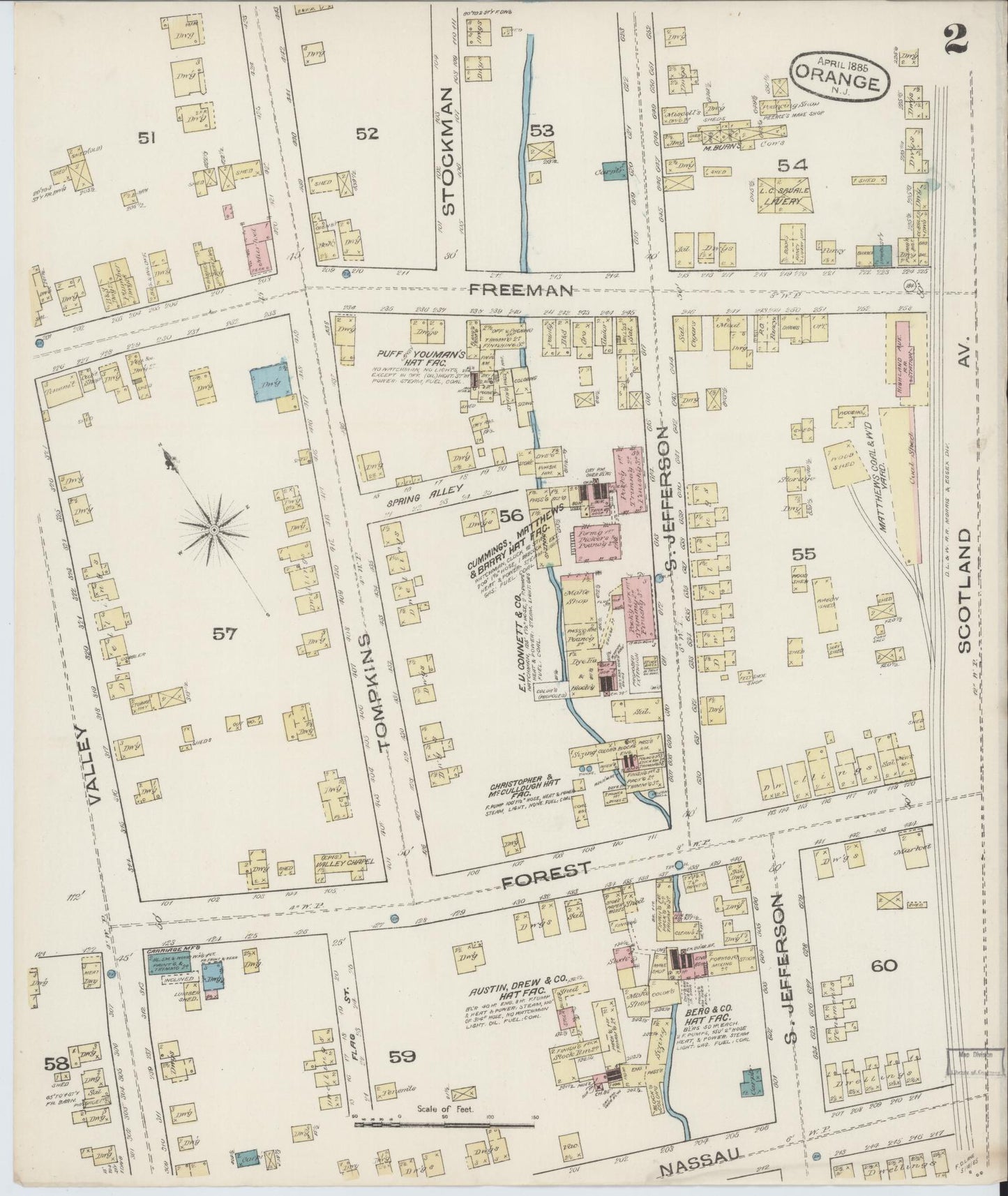 Sanborn Fire Insurance Map from Orange, Essex County, New Jersey (1885), Sheet #0002 - Historic Sanborn Fire Insurance Map Print, vintage old map wall art, antique decor, genealogy gift, New Jersey New Jersey map