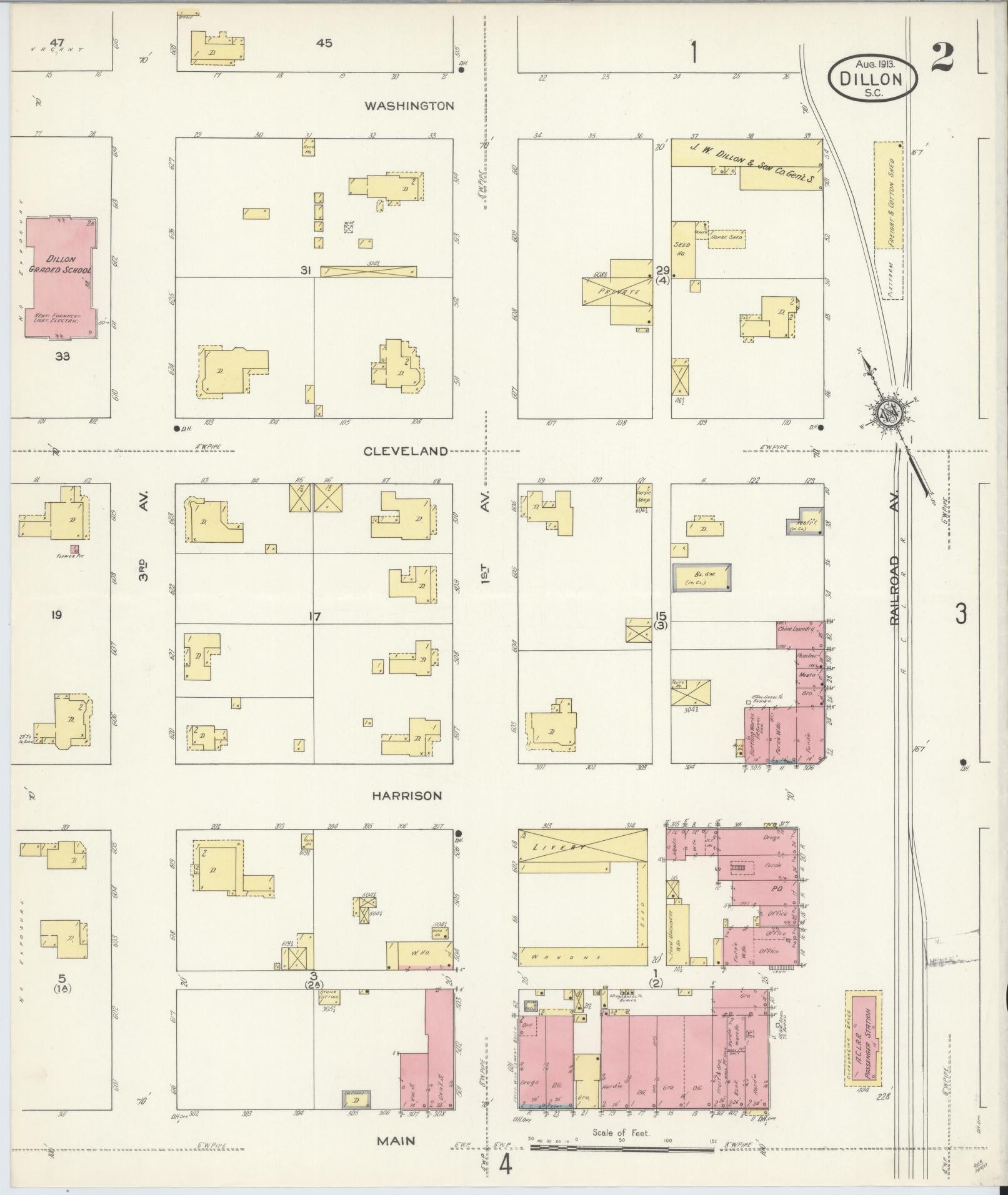 Sanborn Fire Insurance Map from Dillon, Dillon County, South Carolina (1913), Sheet #0002 - Complete Map Set gallery image, historic Sanborn map, vintage wall art, South Carolina South Carolina