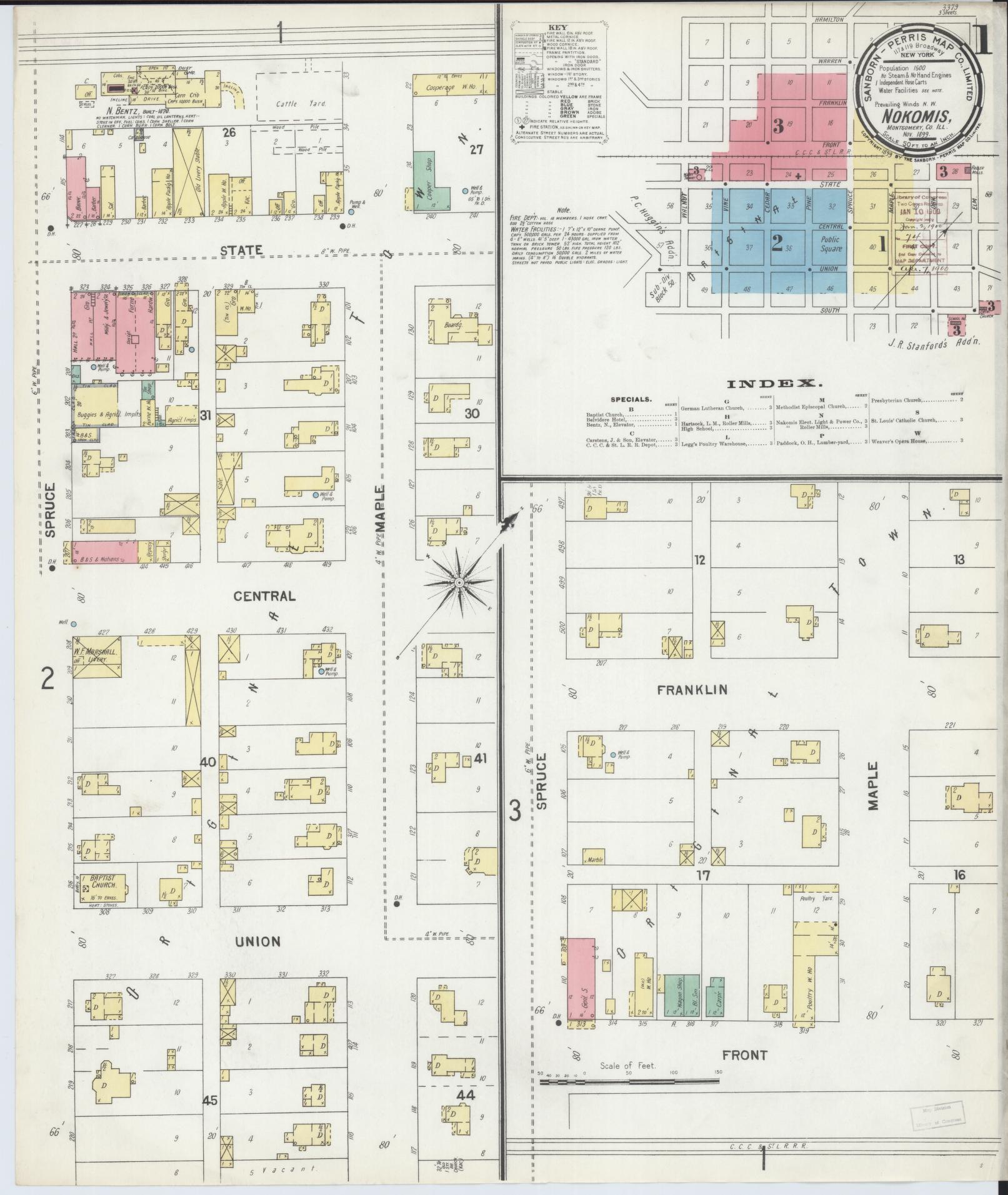 Sanborn Fire Insurance Map from Nokomis, Montgomery County, Illinois (1899), Sheet #0001 - Complete Map Set gallery image, historic Sanborn map, vintage wall art, Illinois Illinois