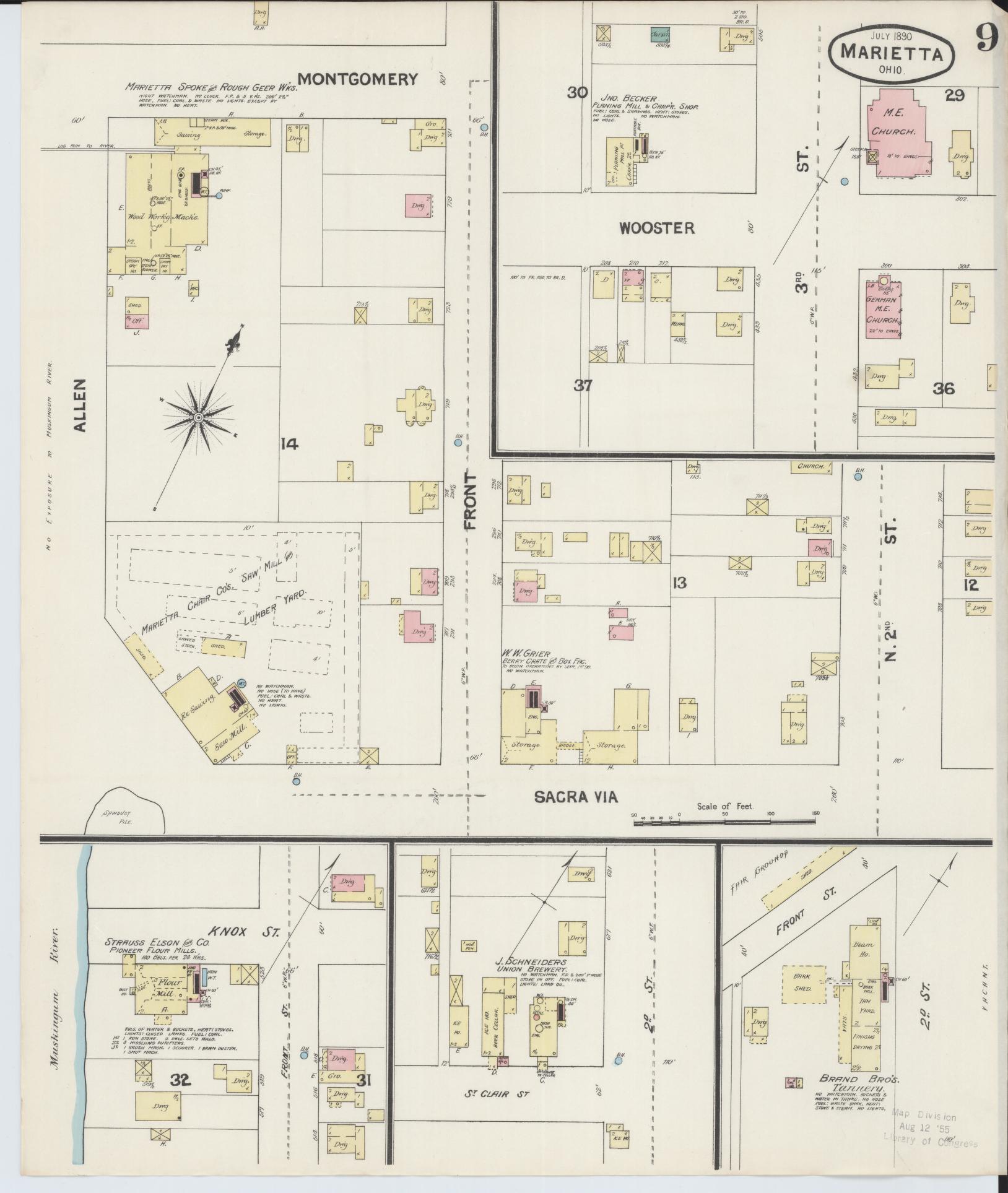 Sanborn Fire Insurance Map from Marietta, Washington County, Ohio (1890), Sheet #0009 - Historic Sanborn Fire Insurance Map Print, vintage old map wall art, antique decor, genealogy gift, Ohio Ohio map