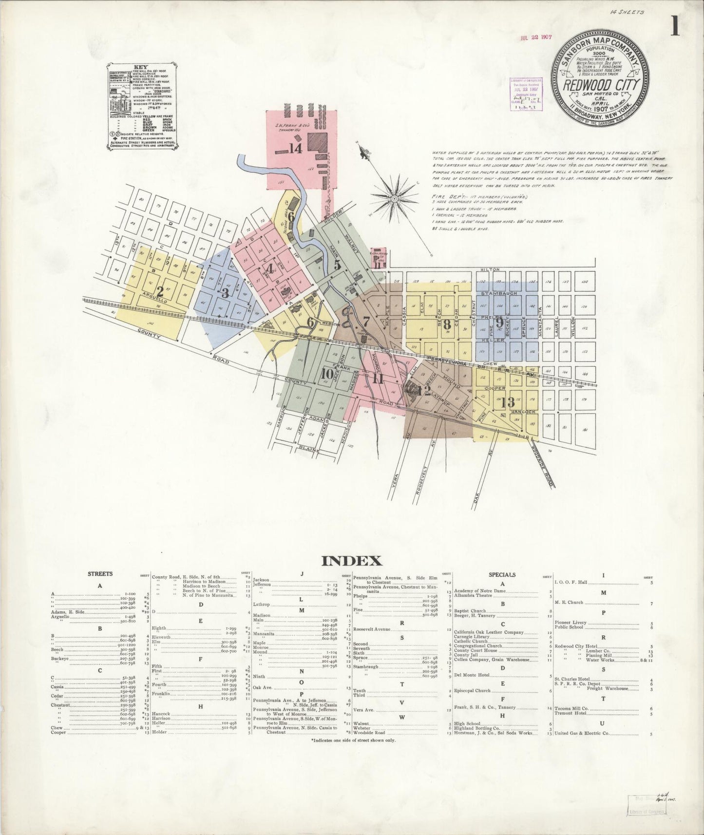 Sanborn Fire Insurance Map from Redwood City, San Mateo County, California (1907), Sheet #0001 - Complete Map Set gallery image, historic Sanborn map, vintage wall art, California California