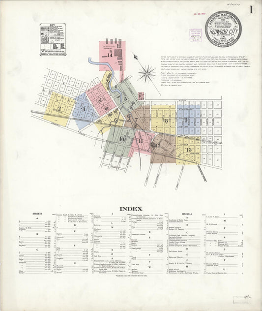 Sanborn Fire Insurance Map from Redwood City, San Mateo County, California (1907), Sheet #0001 - Complete Map Set gallery image, historic Sanborn map, vintage wall art, California California