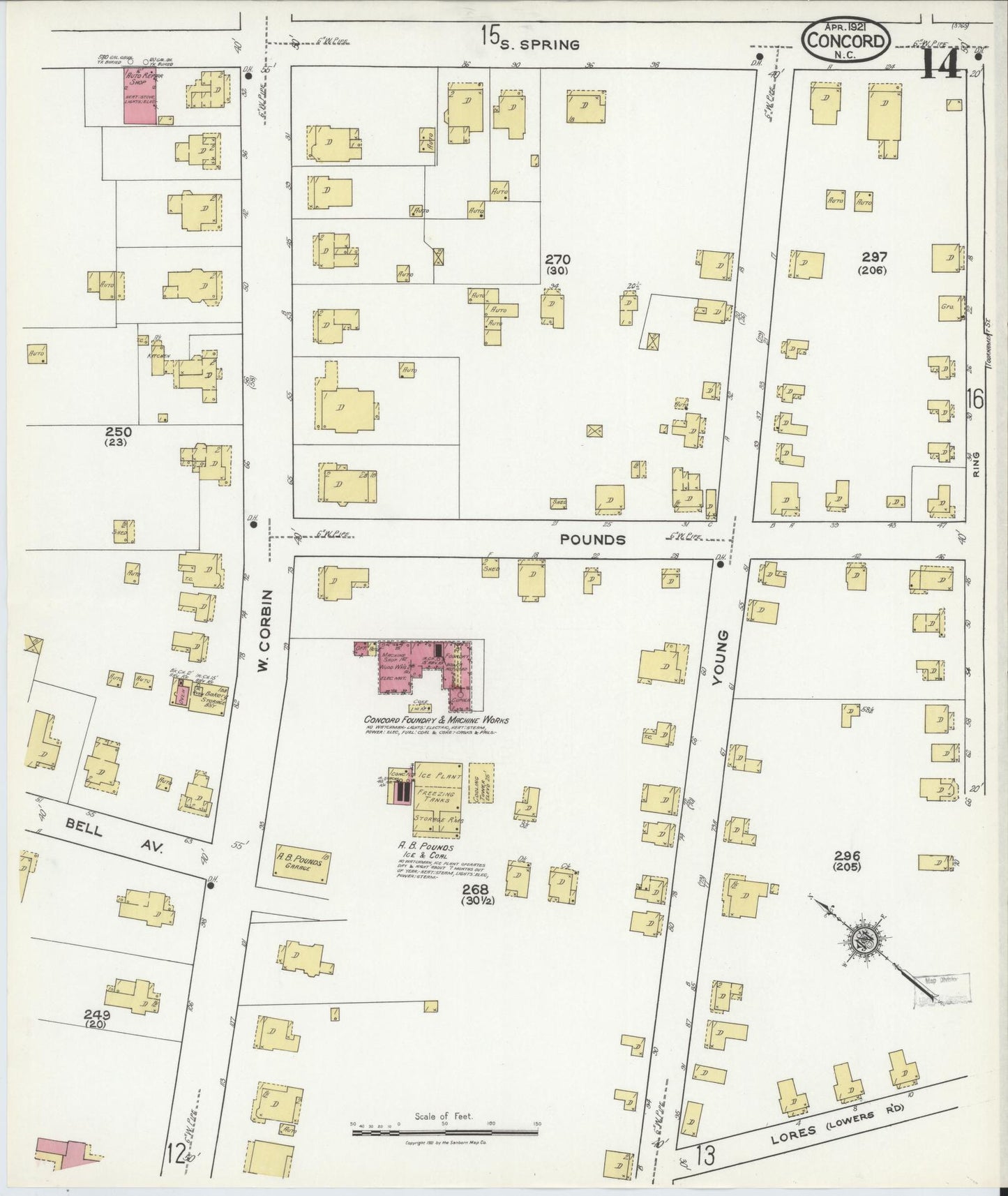Sanborn Fire Insurance Map from Concord, Cabarrus County, North Carolina (1921), Sheet #0014 - Historic Sanborn Fire Insurance Map Print, vintage old map wall art, antique decor, genealogy gift, North Carolina North Carolina map