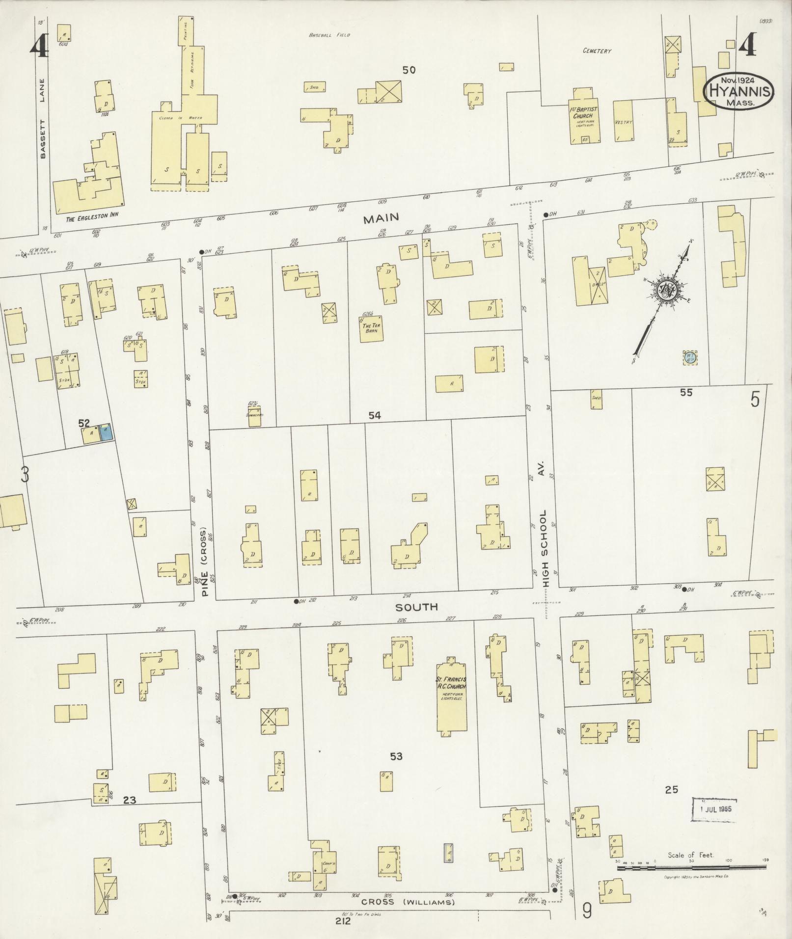 Sanborn Fire Insurance Map from Hyannis, Barnstable County, Massachusetts (1924), Sheet #0004 - Historic Sanborn Fire Insurance Map Print, vintage old map wall art, antique decor, genealogy gift, Massachusetts Massachusetts map