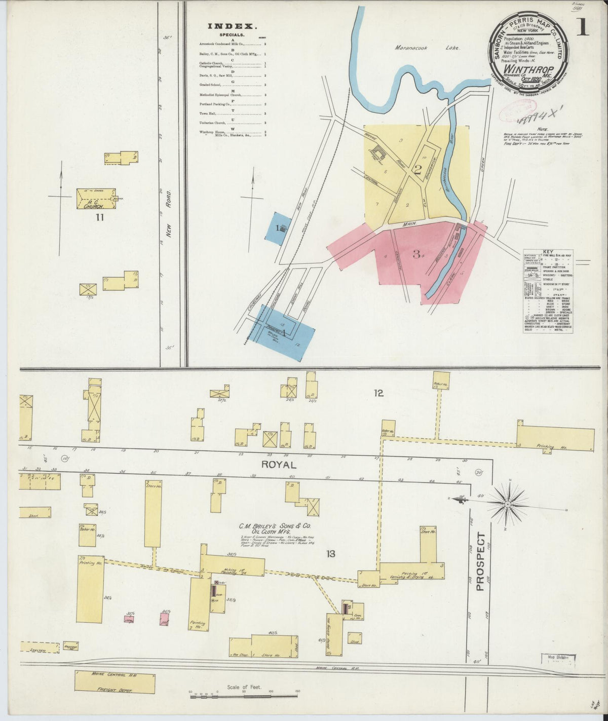 Sanborn Fire Insurance Map from Winthrop, Kennebec County, Maine (1892), Sheet #0001 - Historic Sanborn Fire Insurance Map Print, vintage old map wall art, antique decor, genealogy gift, Maine Maine map