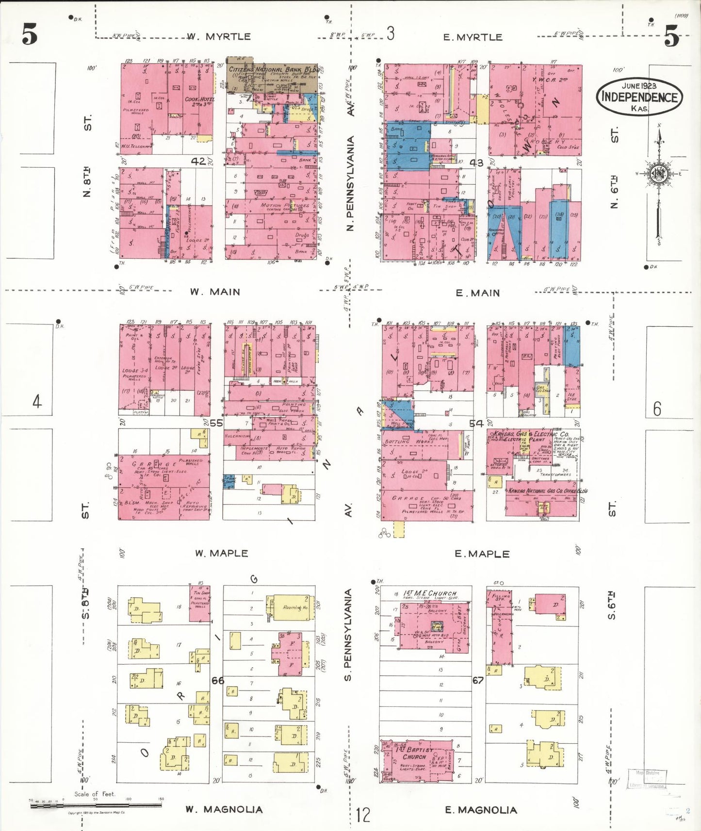 Sanborn Fire Insurance Map from Independence, Montgomery County, Kansas (1923), Sheet #0006 - Historic Sanborn Fire Insurance Map Print, vintage old map wall art, antique decor, genealogy gift, Kansas Kansas map