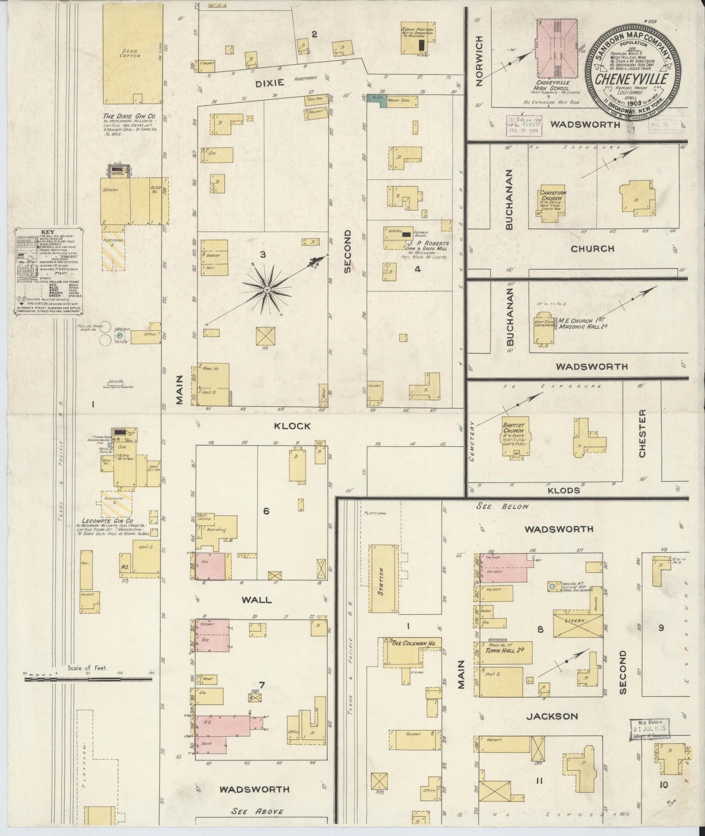 Sanborn Fire Insurance Map from Cheneyville, Rapides Parish, Louisiana (1909), Sheet #0001 - Historic Sanborn Fire Insurance Map Print, vintage old map wall art, antique decor, genealogy gift, Louisiana Louisiana map