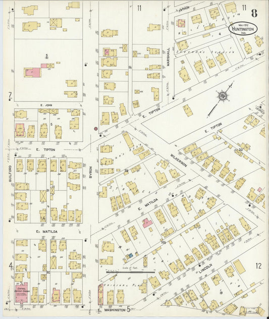 Sanborn Fire Insurance Map from Huntington, Huntington County, Indiana (1912), Sheet #0008 - Historic Sanborn Fire Insurance Map Print, vintage old map wall art, antique decor, genealogy gift, Indiana Indiana map
