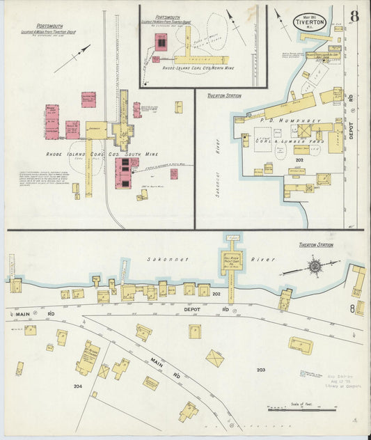 Sanborn Fire Insurance Map from Tiverton, Newport County, Rhode Island (1911), Sheet #0008 - Historic Sanborn Fire Insurance Map Print, vintage old map wall art, antique decor, genealogy gift, Rhode Island Rhode Island map