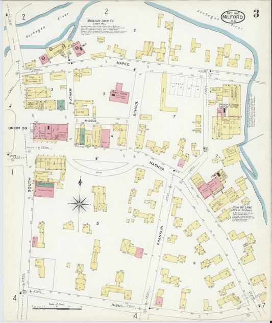 Sanborn Fire Insurance Map from Milford, Hillsborough County, New Hampshire (1907), Sheet #0003 - Historic Sanborn Fire Insurance Map Print, vintage old map wall art, antique decor, genealogy gift, New Hampshire New Hampshire map