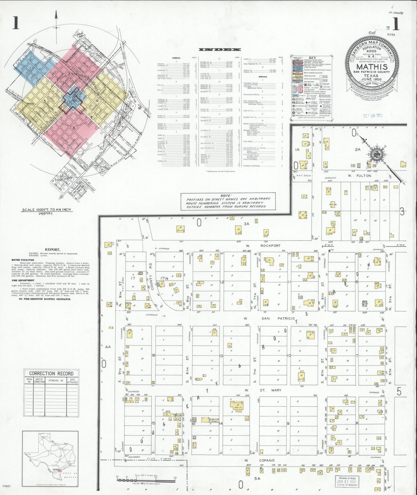 Sanborn Fire Insurance Map from Mathis, San Patricio County, Texas (1950), Sheet #0001 - Historic Sanborn Fire Insurance Map Print, vintage old map wall art, antique decor, genealogy gift, Texas Texas map