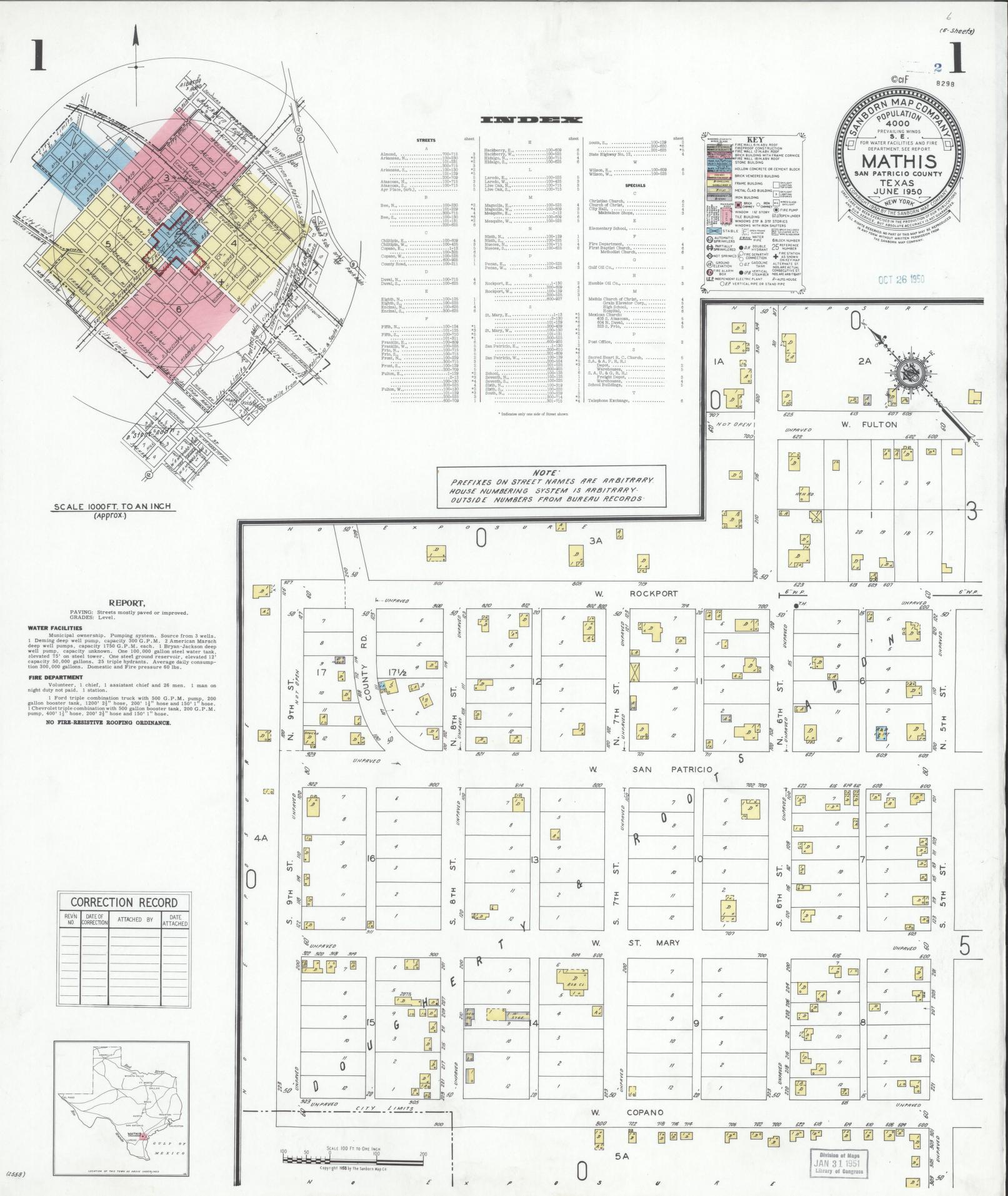 Sanborn Fire Insurance Map from Mathis, San Patricio County, Texas (1950), Sheet #0001 - Historic Sanborn Fire Insurance Map Print, vintage old map wall art, antique decor, genealogy gift, Texas Texas map
