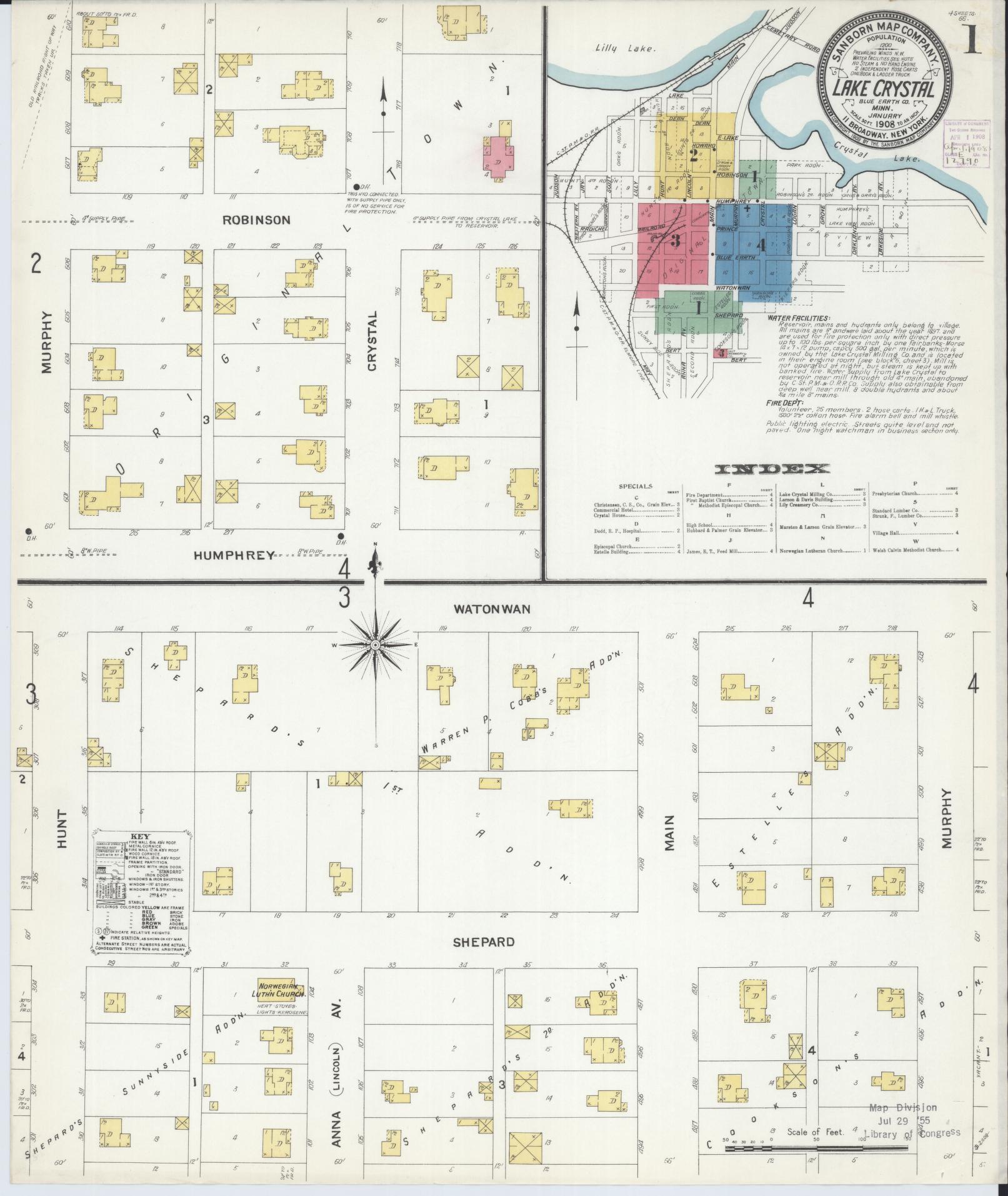 Sanborn Fire Insurance Map from Lake Crystal, Blue Earth County, Minnesota (1908), Sheet #0001 - Complete Map Set gallery image, historic Sanborn map, vintage wall art, Minnesota Minnesota
