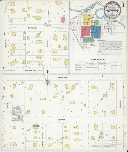 Sanborn Fire Insurance Map from Lake Crystal, Blue Earth County, Minnesota (1908), Sheet #0001 - Complete Map Set gallery image, historic Sanborn map, vintage wall art, Minnesota Minnesota