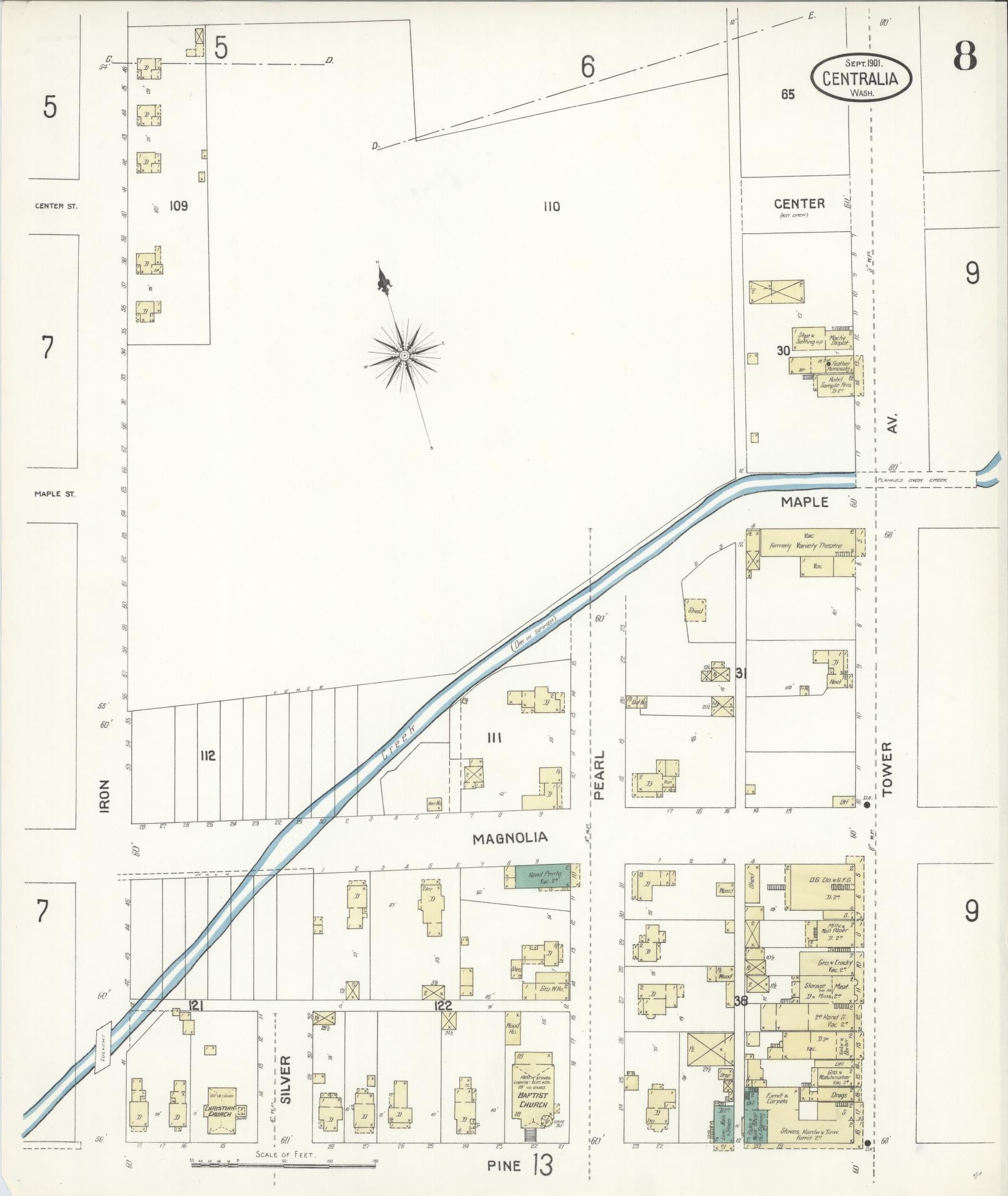Sanborn Fire Insurance Map from Centralia, Lewis County, Washington (1901), Sheet #0008 - Complete Map Set gallery image, historic Sanborn map, vintage wall art, Washington Washington