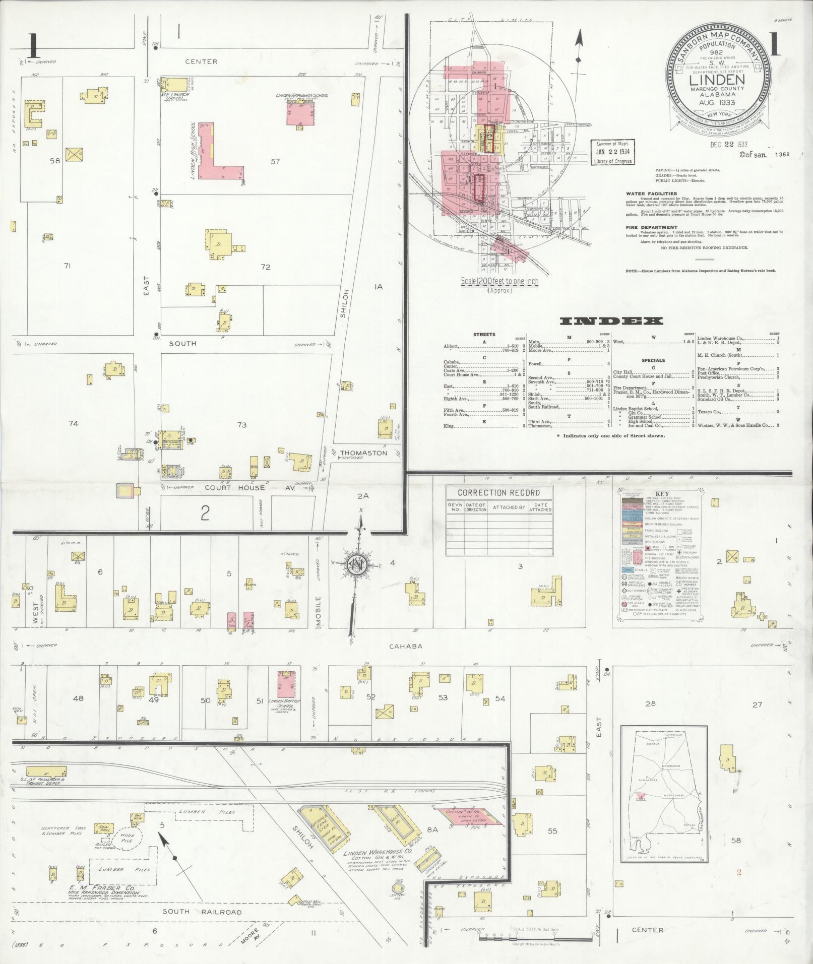 Sanborn Fire Insurance Map from Linden, Marengo County, Alabama (1933), Sheet #0001 - Complete Map Set gallery image, historic Sanborn map, vintage wall art, Alabama Alabama
