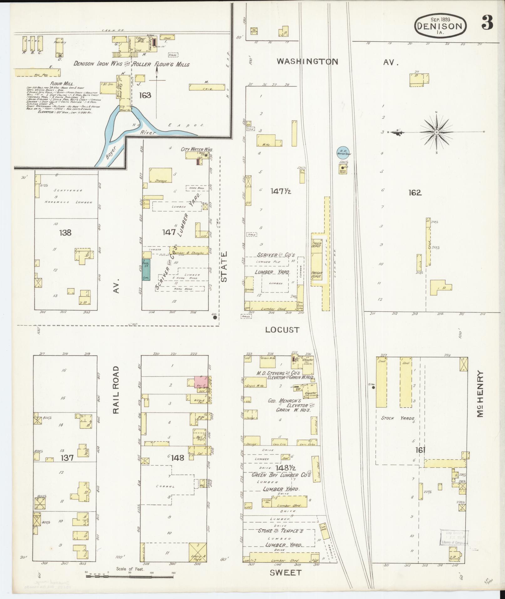 Sanborn Fire Insurance Map from Denison, Crawford County, Iowa (1893), Sheet #0003 - Historic Sanborn Fire Insurance Map Print, vintage old map wall art